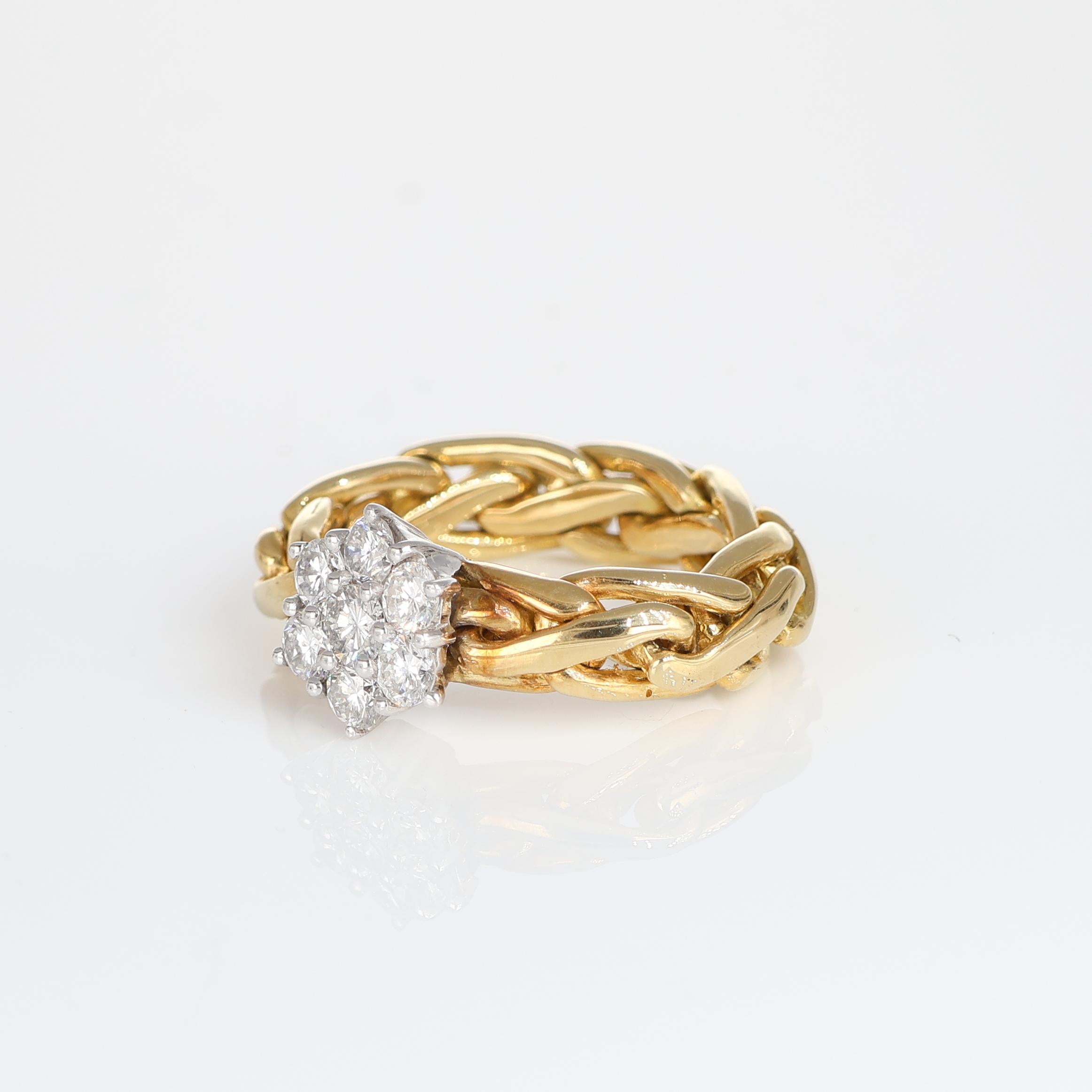Brilliant Cut Flexible Chain Yellow Gold Flower Diamond Vintage Ring, 0.54 Carats For Sale