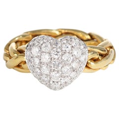 Flexible Chain Yellow Gold Vintage Ring with Pavé Diamond Heart 1.08 Carats