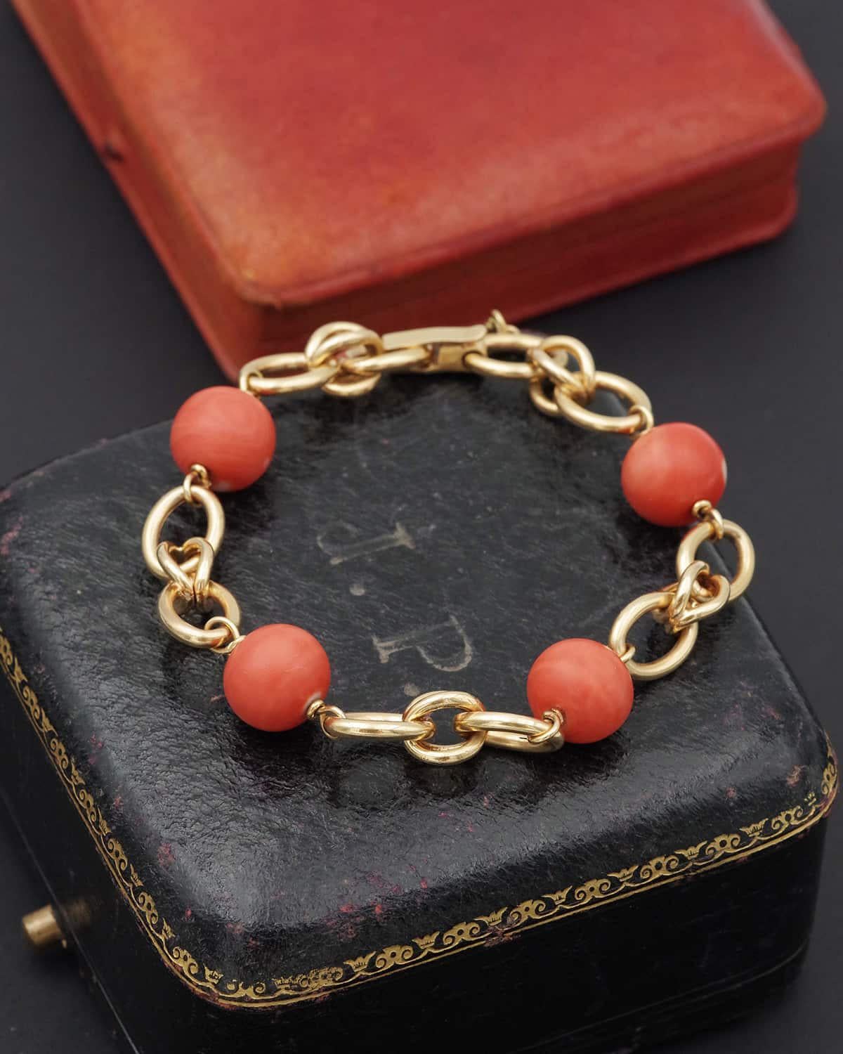 Flexibles Korallenperlen-Vintage-Armband aus 18k Gold in 18k Gold, doppeltes ovales Glieder im Zustand „Gut“ im Angebot in PARIS, FR