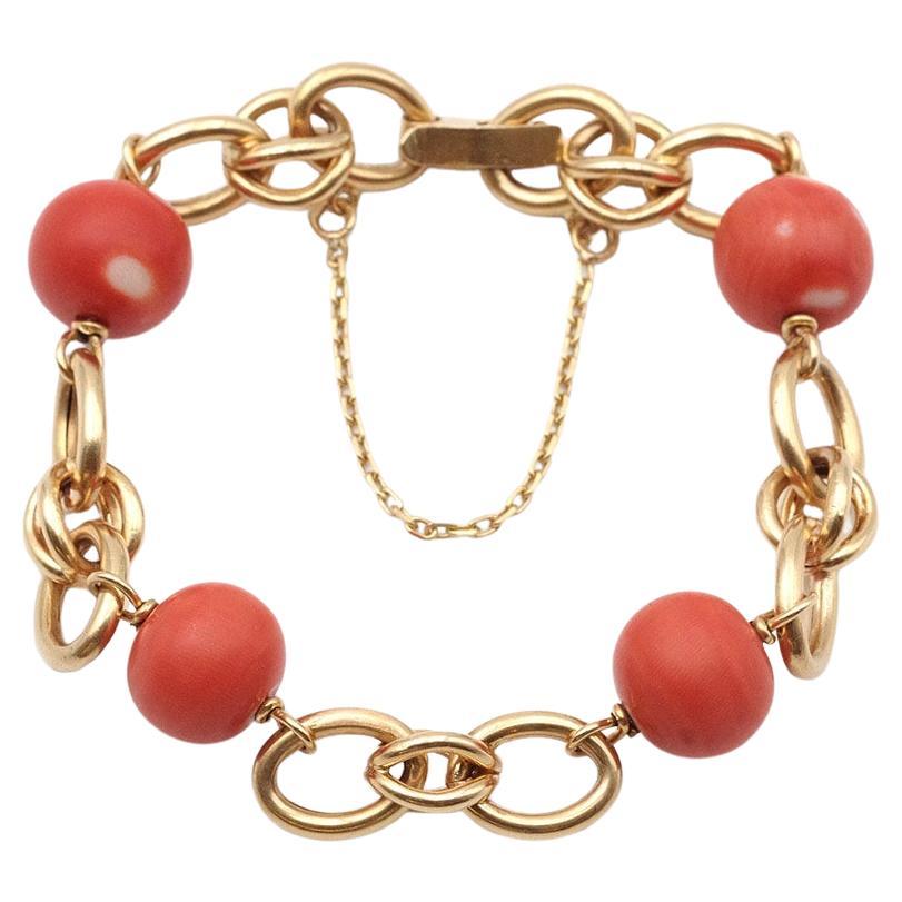 Flexible coral beads 18k gold vintage bracelet in 18k gold, double oval link