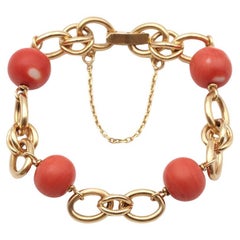 Bracciale vintage flessibile in oro 18 carati con perle di corallo, doppia maglia ovale