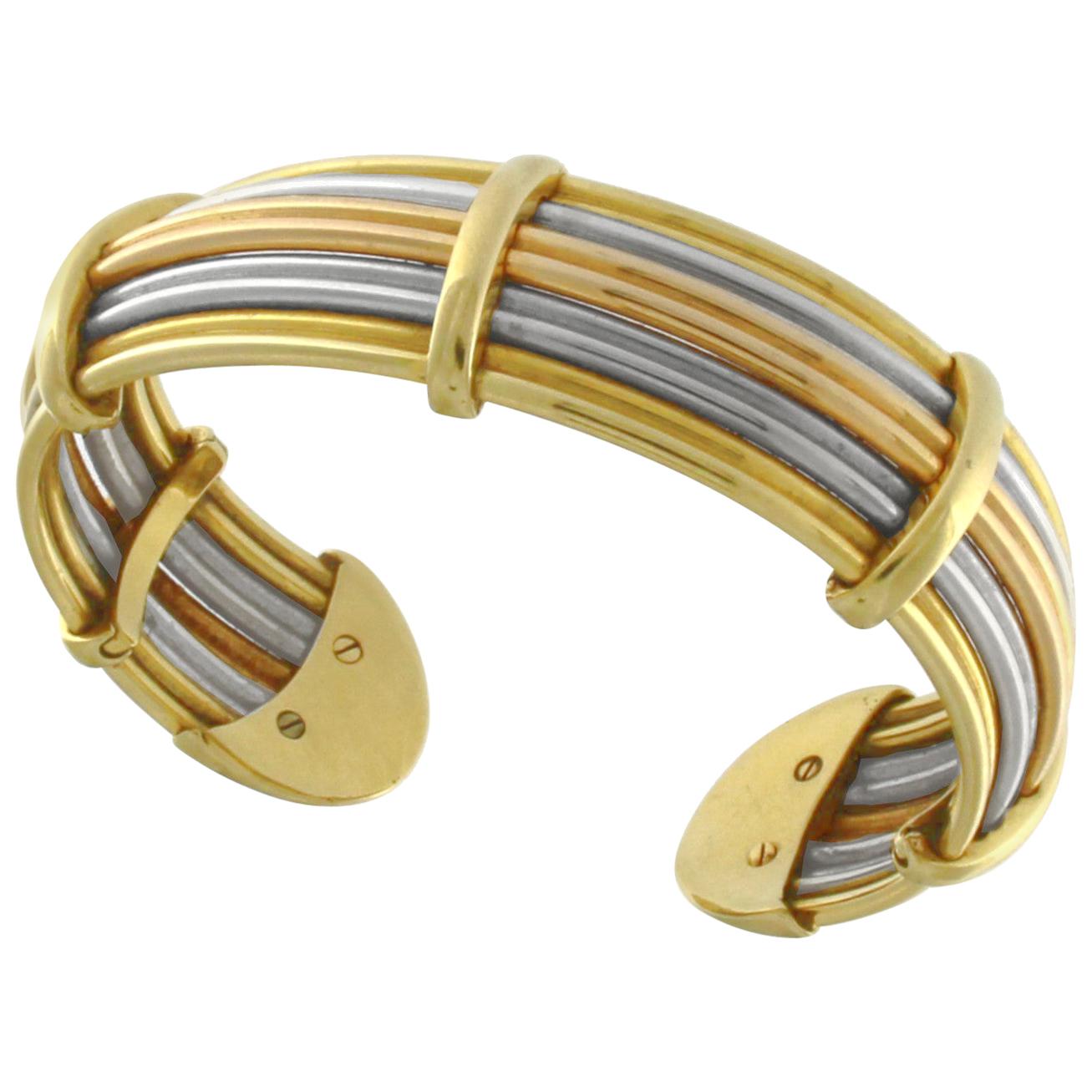 Flexible Cuff Bracelet in Three-Color Gold For Sale