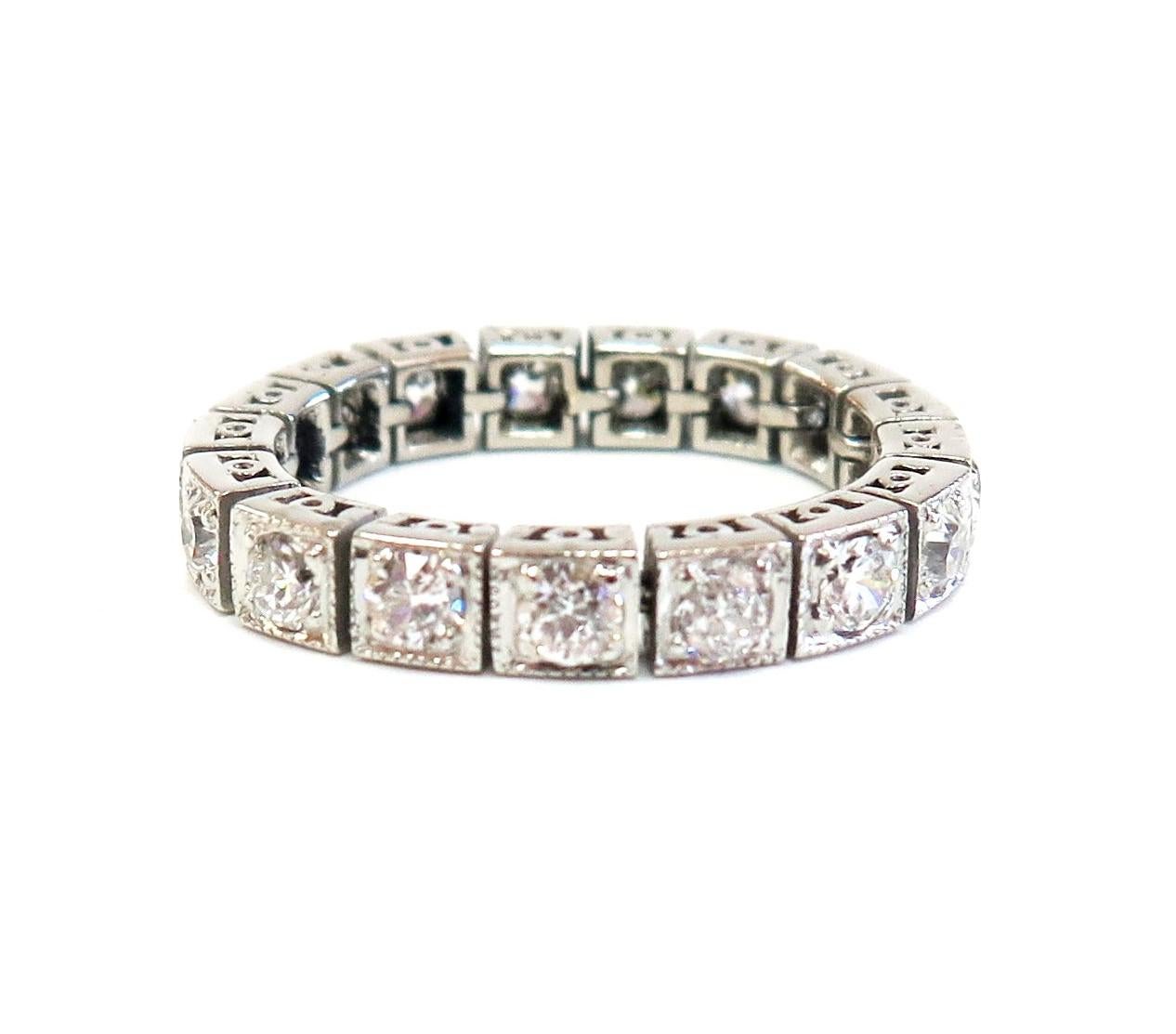 This unusual vintage eternity wedding band for women is flexible.  It has sparkling, bright Old European Cut diamonds. It's soo comfortable!

There are 17 Old European Cut diamonds at 0.06 Carat each, in total 1.02 Carats, Color: H-I, Clarity: