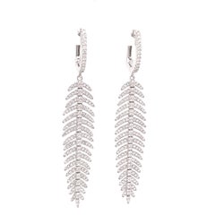 Flexible Diamond Feather Drop Earrings 1.28 Carats 14K White Gold 9.2 Grams