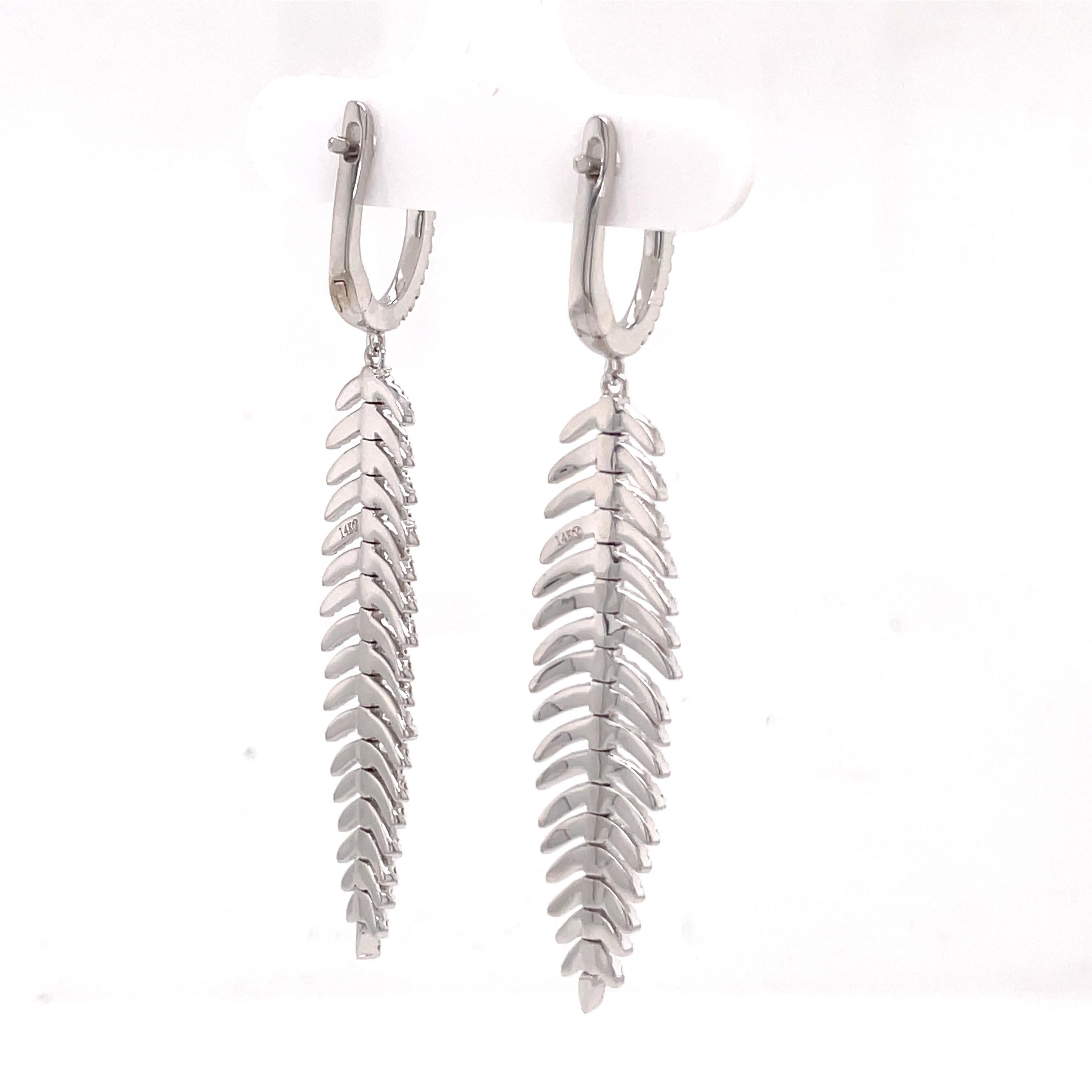 Round Cut Flexible Diamond Feather Drop Earrings 1.28 Carats 14K White Gold 9.2 Grams For Sale