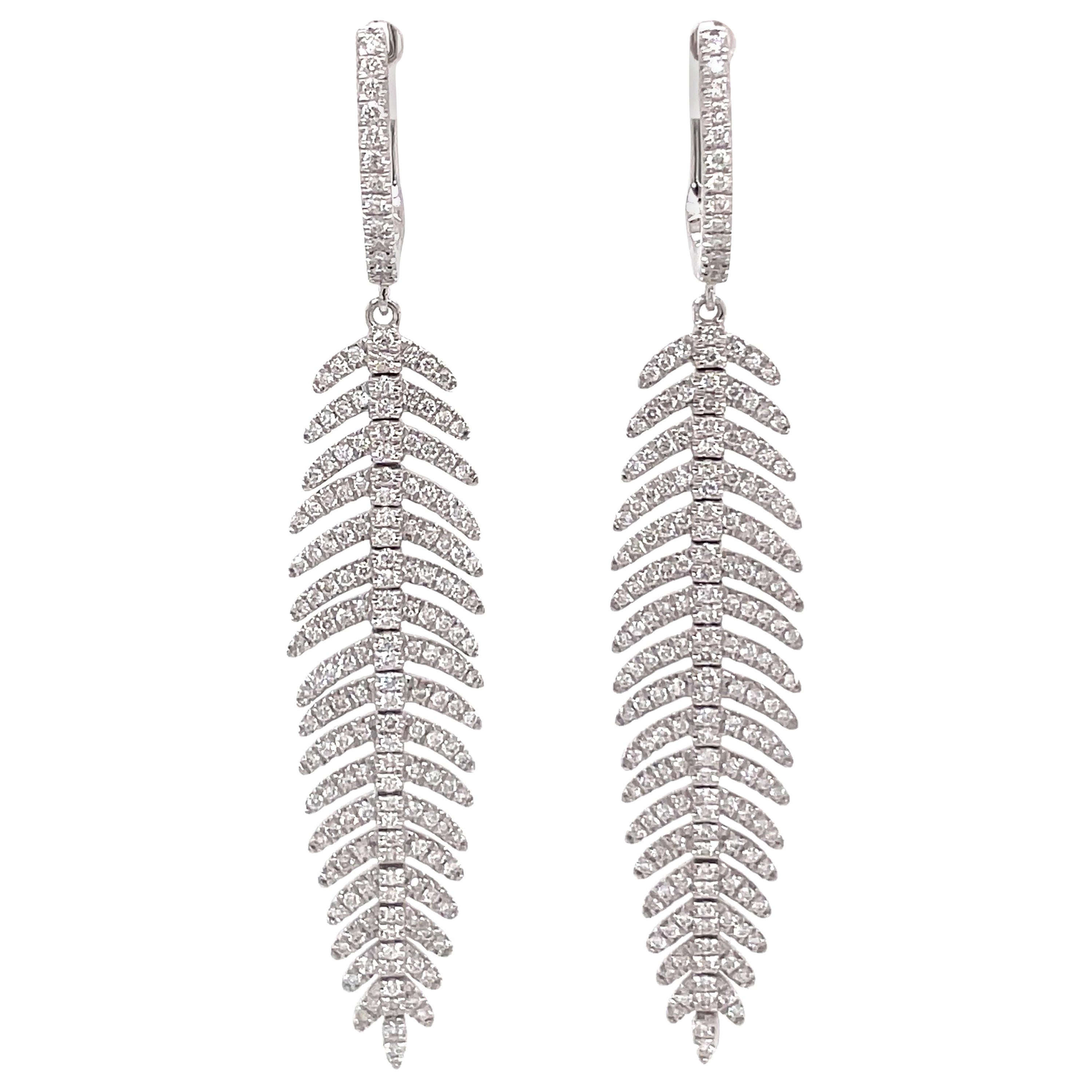 Flexible Diamond Feather Drop Earrings 1.28 Carats 14K White Gold 9.2 Grams For Sale