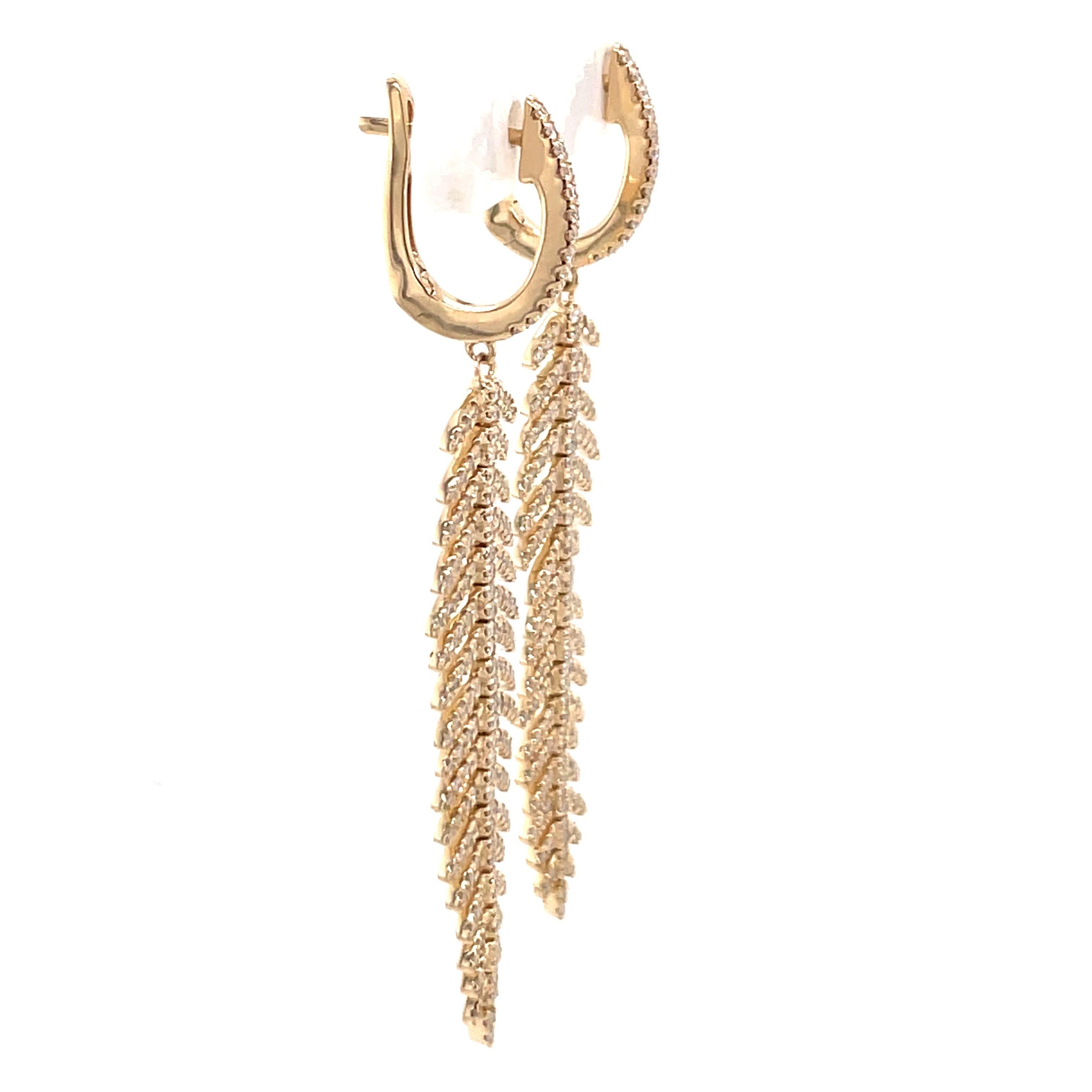 Contemporary Flexible Diamond Feather Drop Earrings 1.28 Carats 14K Yellow Gold 9.2 Grams