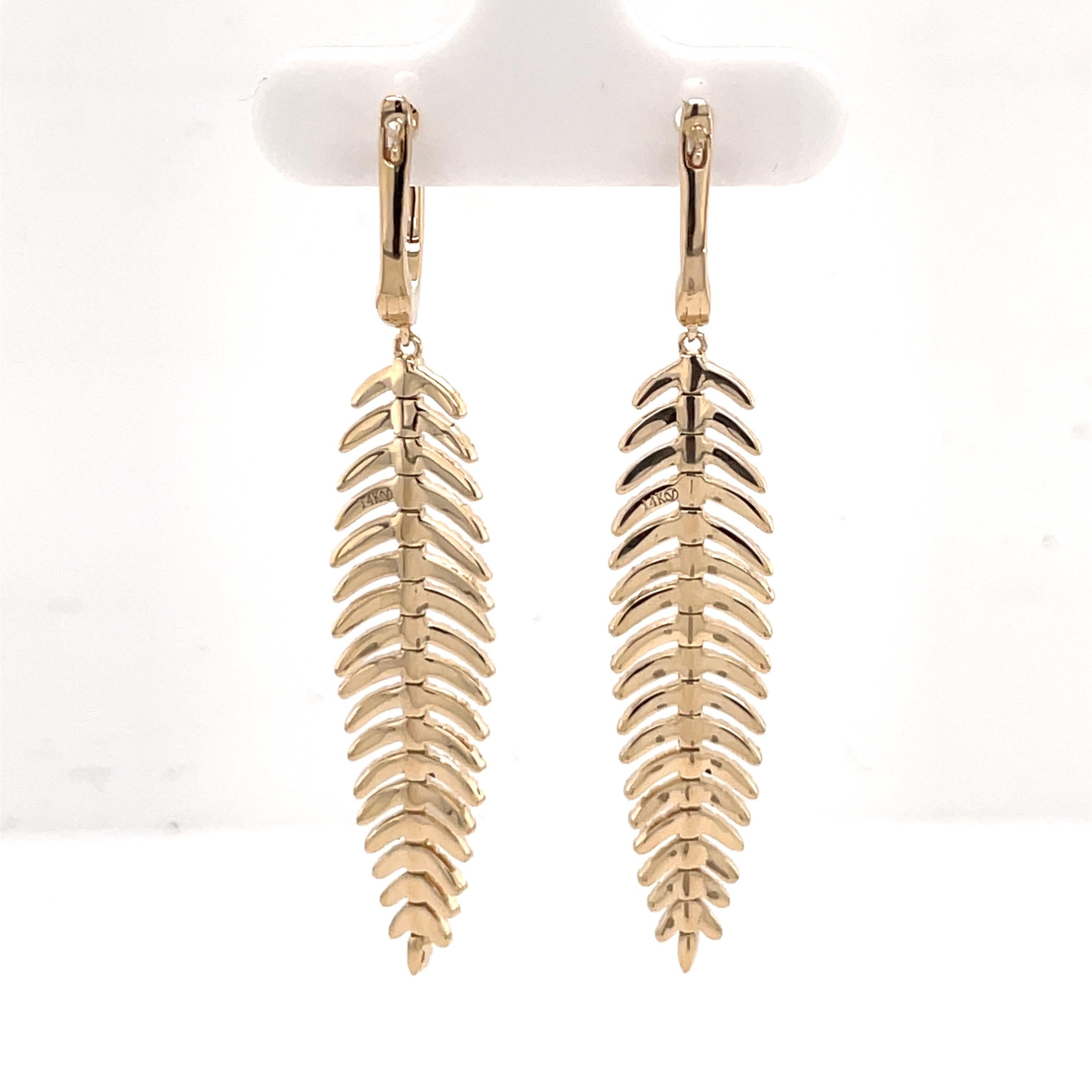 Women's Flexible Diamond Feather Drop Earrings 1.28 Carats 14K Yellow Gold 9.2 Grams