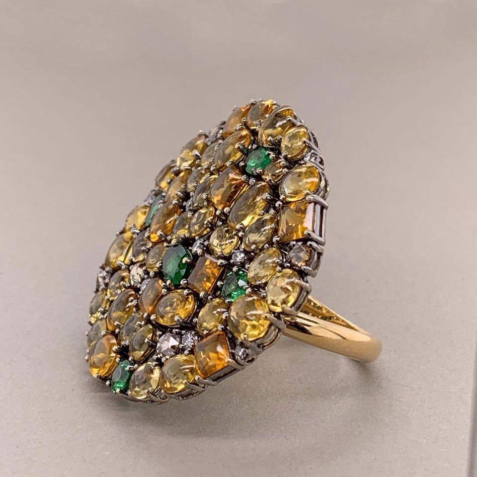 Mixed Cut Flexible Diamond Tsavorite Sapphire Gold Cocktail Ring For Sale