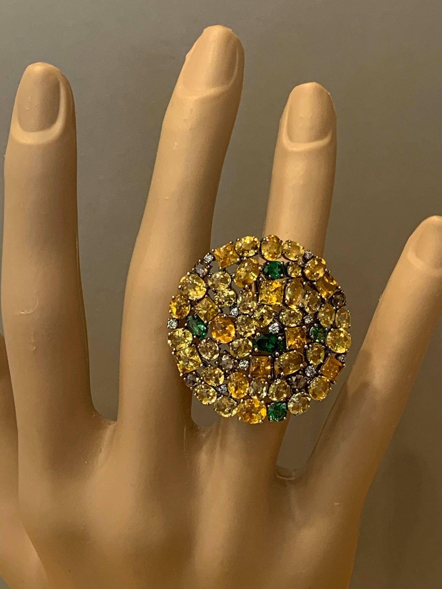 Flexible Diamond Tsavorite Sapphire Gold Cocktail Ring For Sale 1