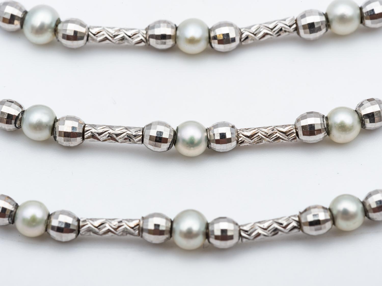 Artisan Flexible Necklace 3 Rows Fine Pearls White Gold 18 Karat For Sale