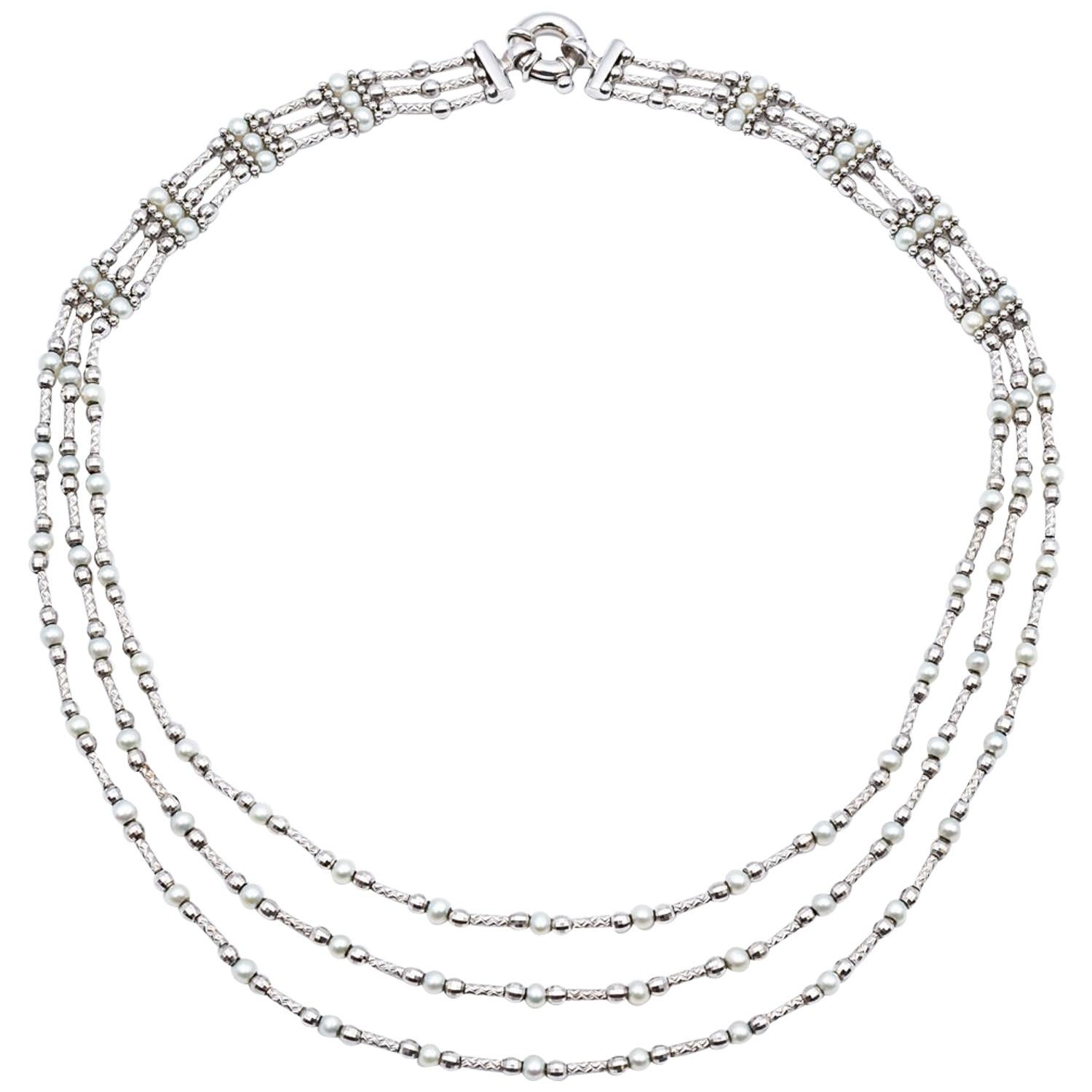 Flexible Necklace 3 Rows Fine Pearls White Gold 18 Karat