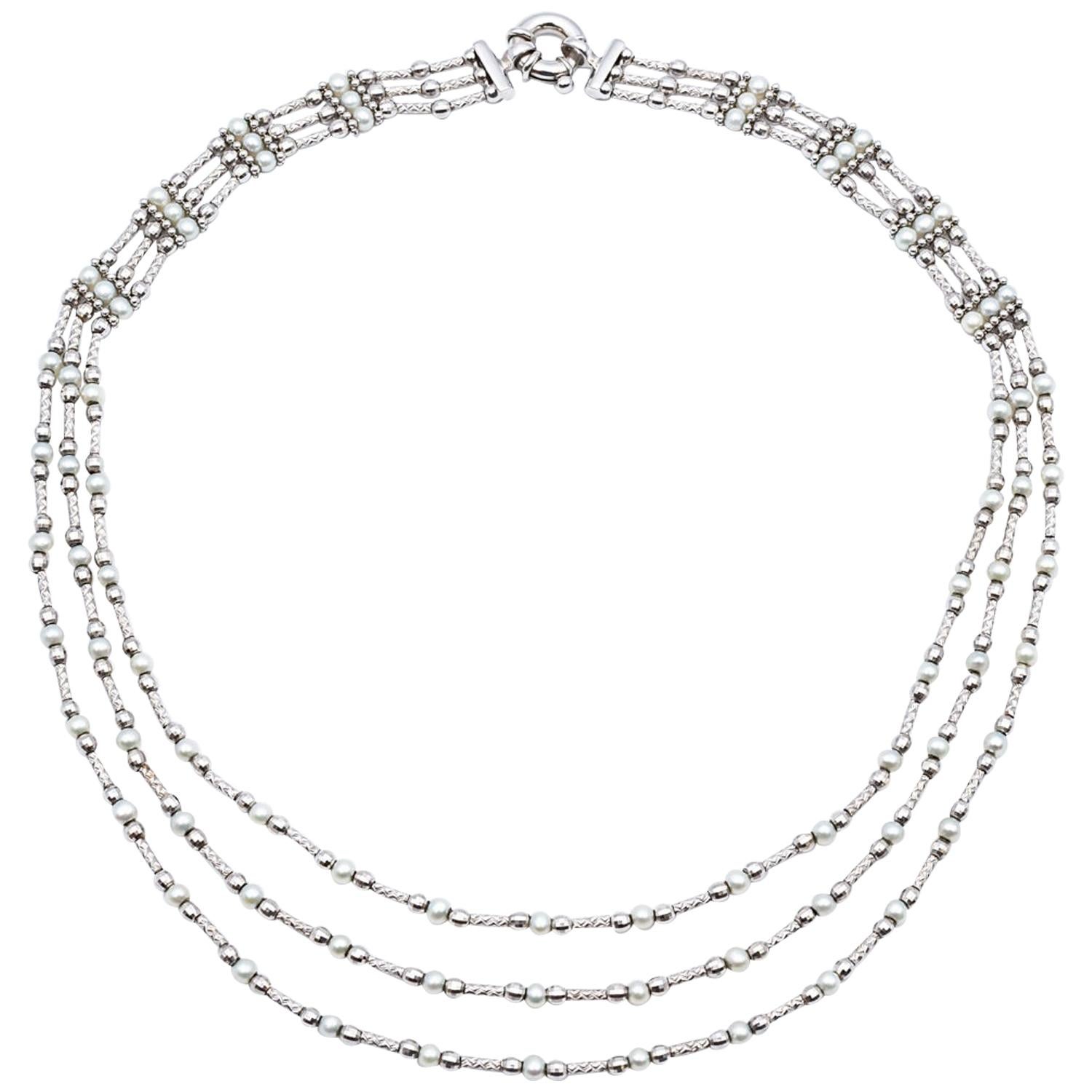 Flexible Necklace 3 Rows Fine Pearls White Gold 18 Karat