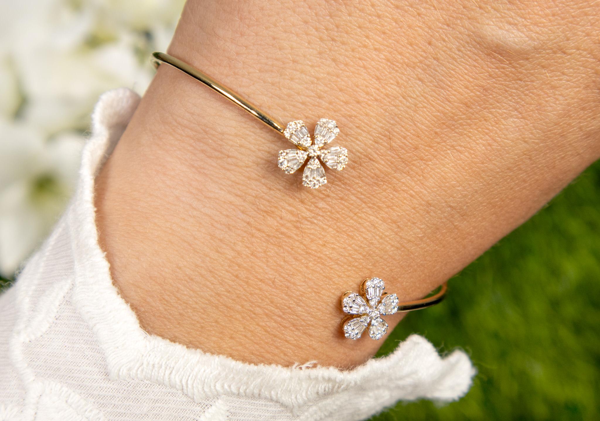 Contemporary Flexible Open Cuff Diamond Flower Bracelet For Sale