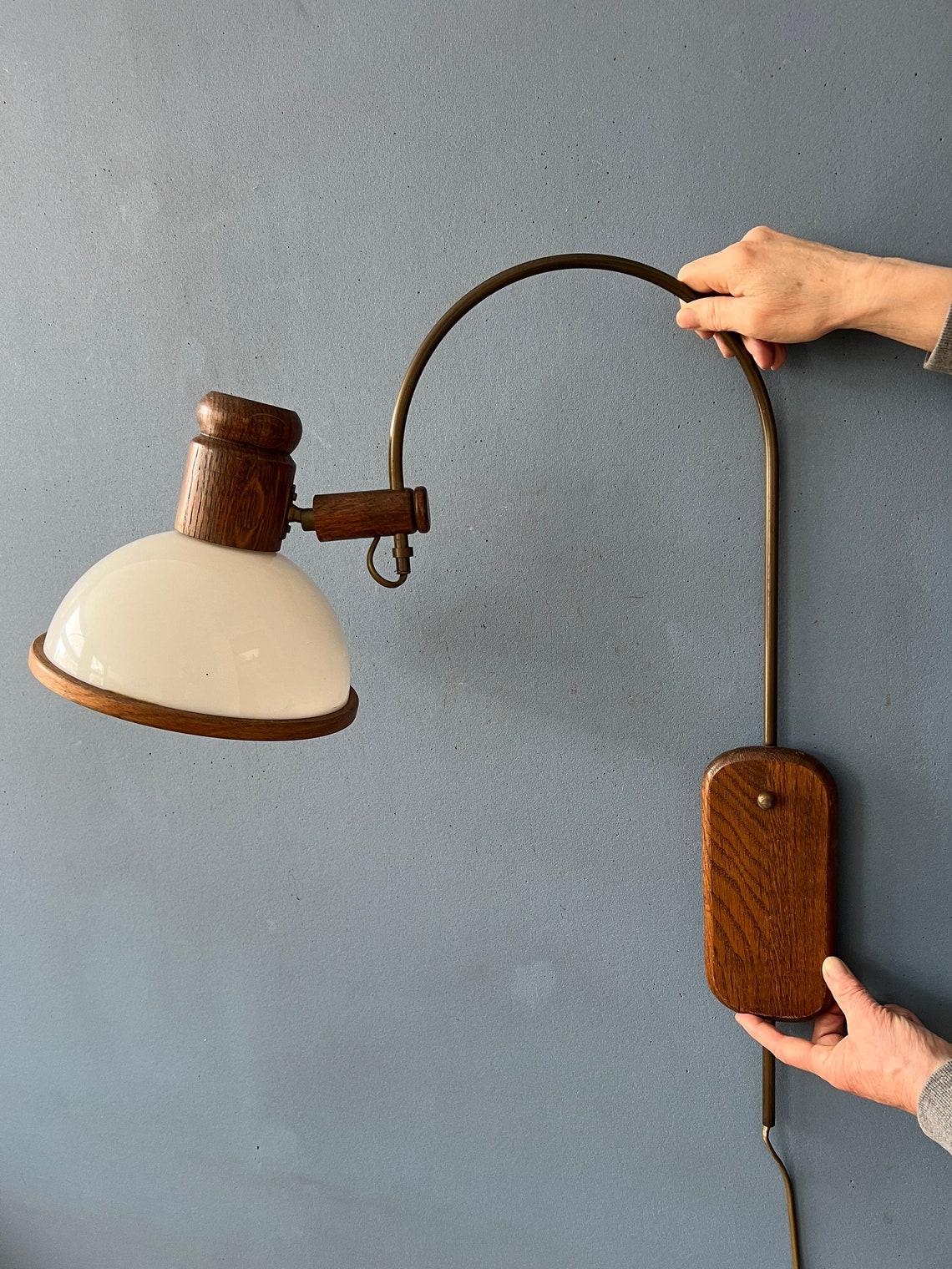 Flexible Steinhauer Mushroom Arc Wall Lamp w/ Wooden Frame and Plexiglass Shade For Sale 2
