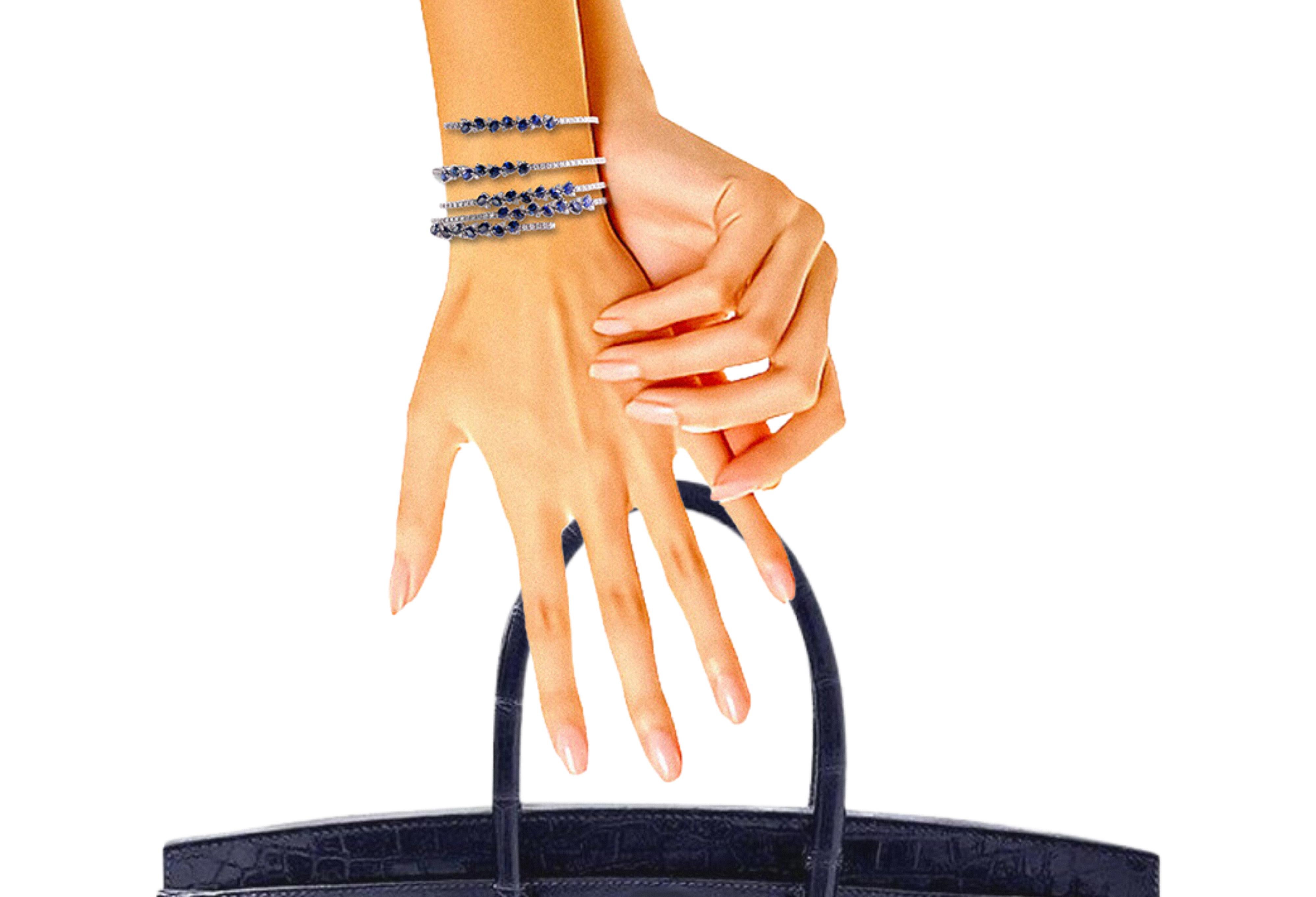Bracelet souple en or blanc avec diamants blancs et saphirs bleus en vente 1
