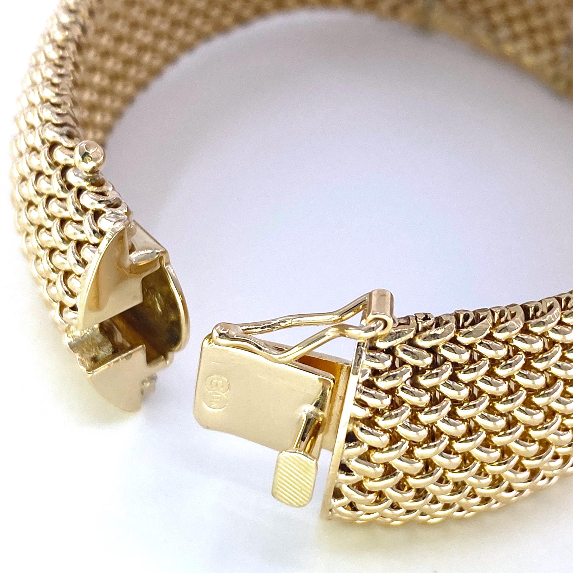 Women's Flexible Woven Yellow Gold Cuff Bracelet with Single Cut Diamonds, circa 1960