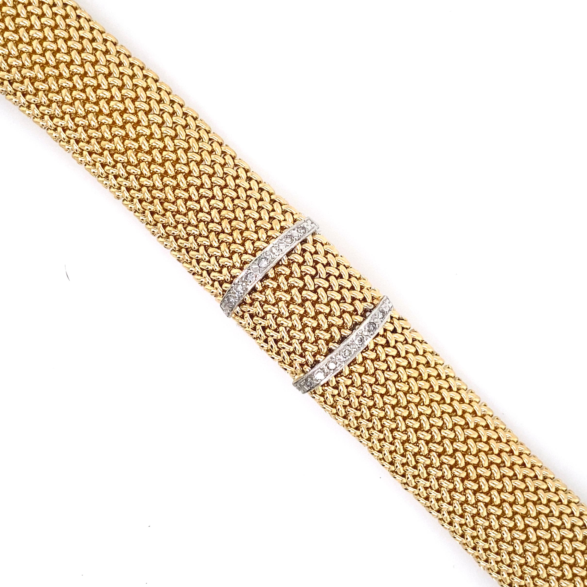 Flexible Woven Yellow Gold Cuff Bracelet with Single Cut Diamonds, circa 1960 1
