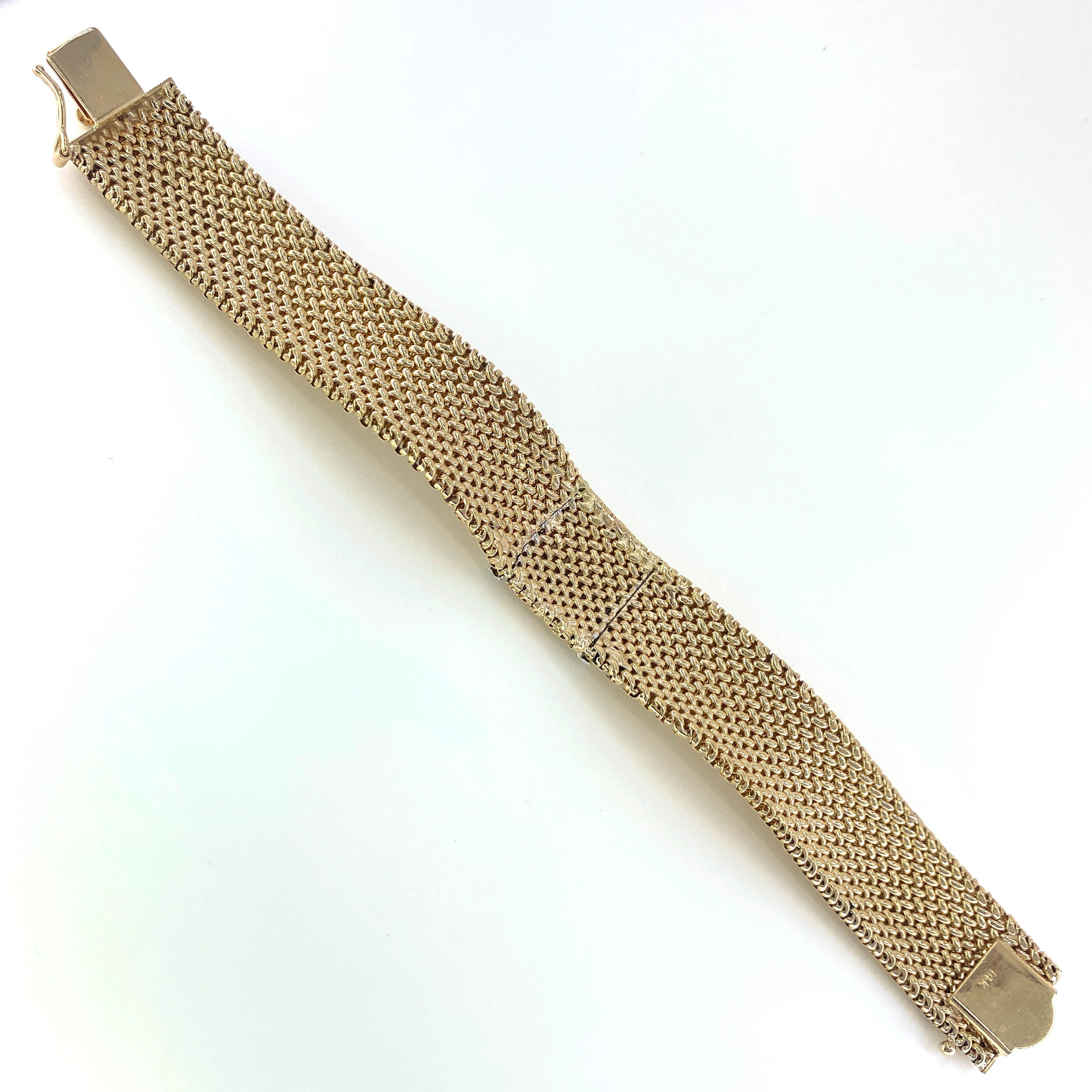 Flexible Woven Yellow Gold Cuff Bracelet with Single Cut Diamonds, circa 1960 2