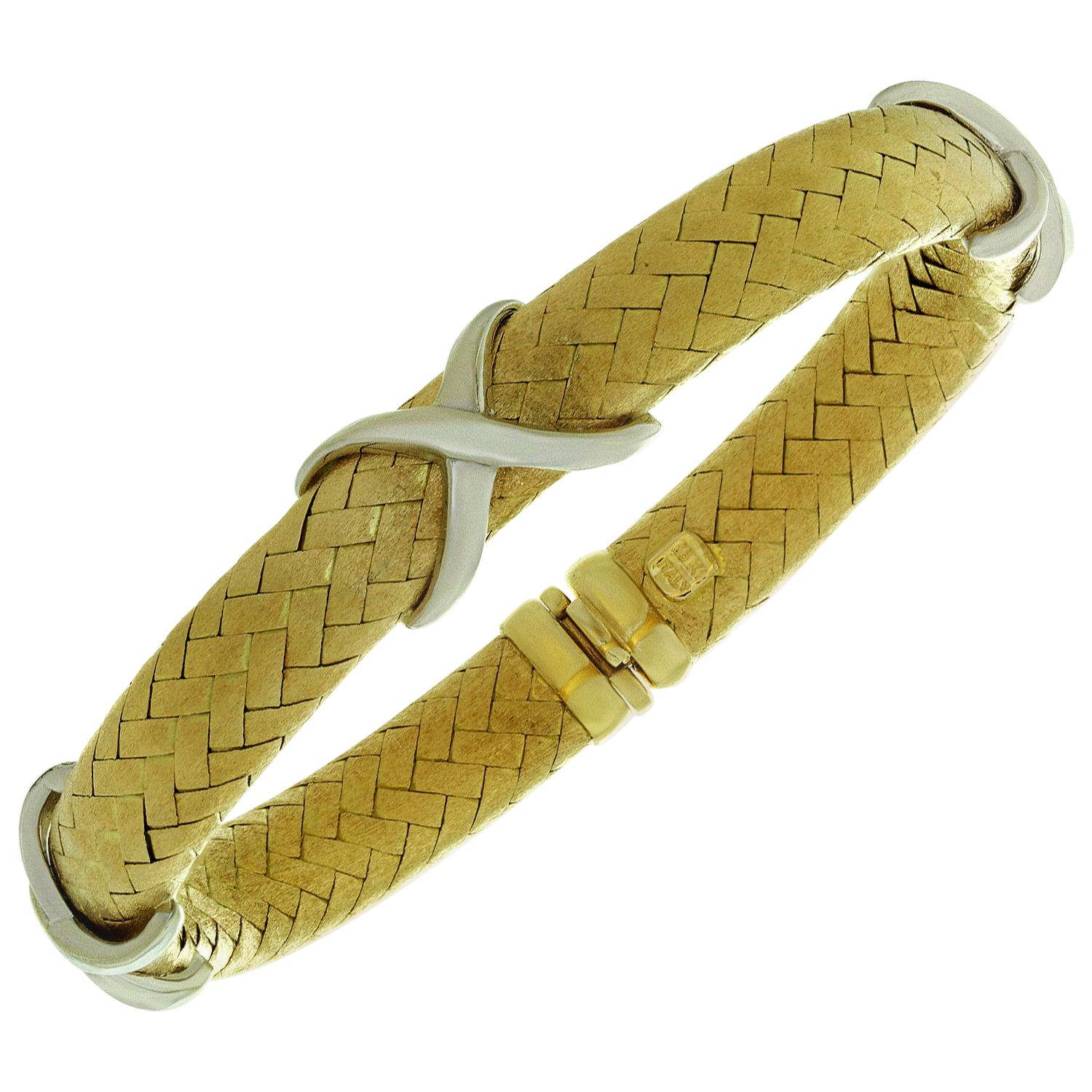 Flexible X Yellow and White 18k Gold Bangle Bracelet For Sale