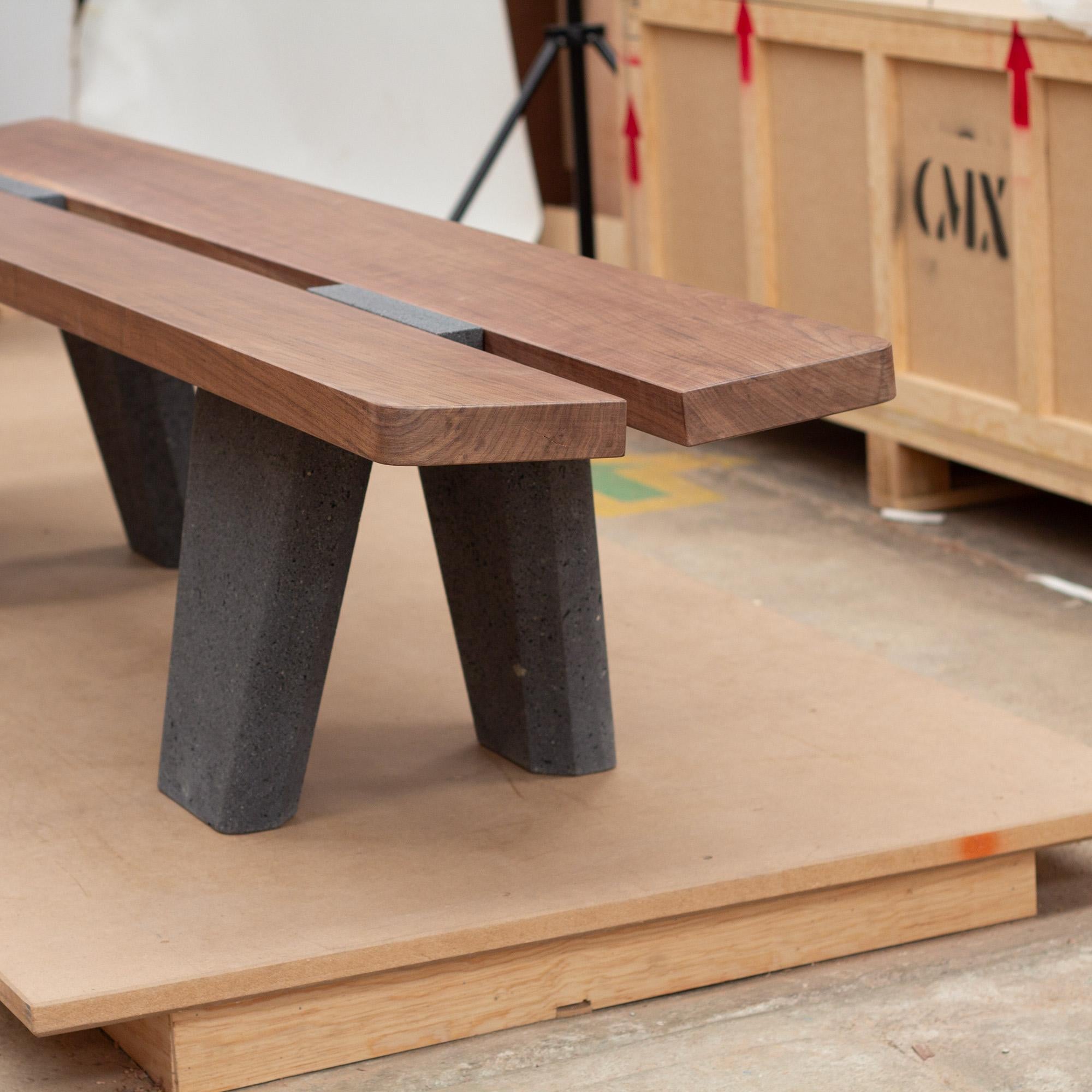 Polished Bench, made of lava stone and solid wood by Ricardo Rodríguez Elías For Sale