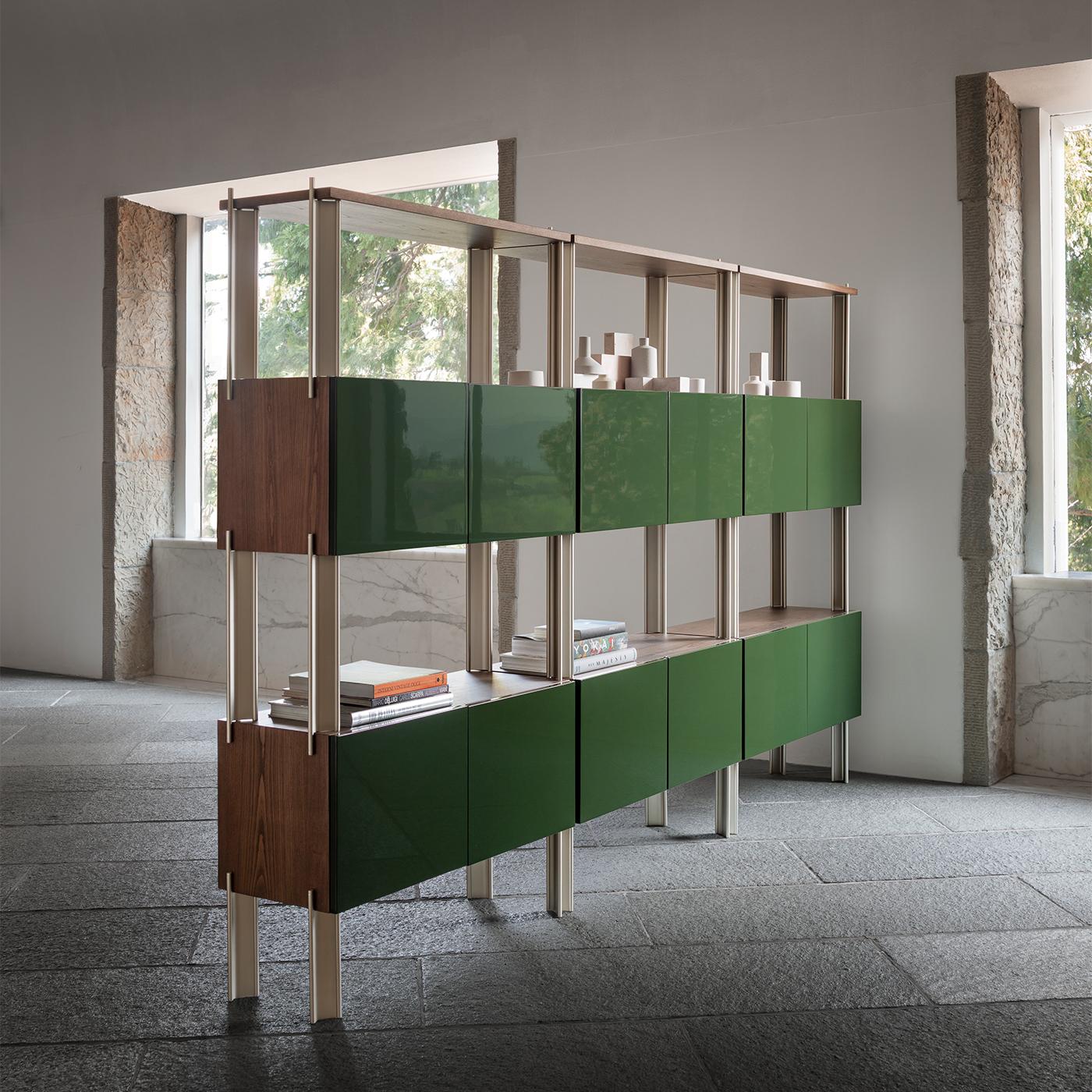 The Flexor bookshelf features a modular design with an aluminum extrusion structure that offers endless configuration possibilities. Robust metal elements securely connect and support multiple wood containers, creating a versatile and sturdy storage