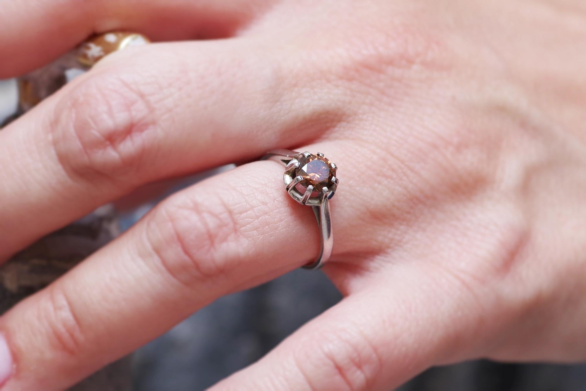 Art Deco Certified 0.79 ct fancy deep brown slightly orange diamond, platinum ring For Sale
