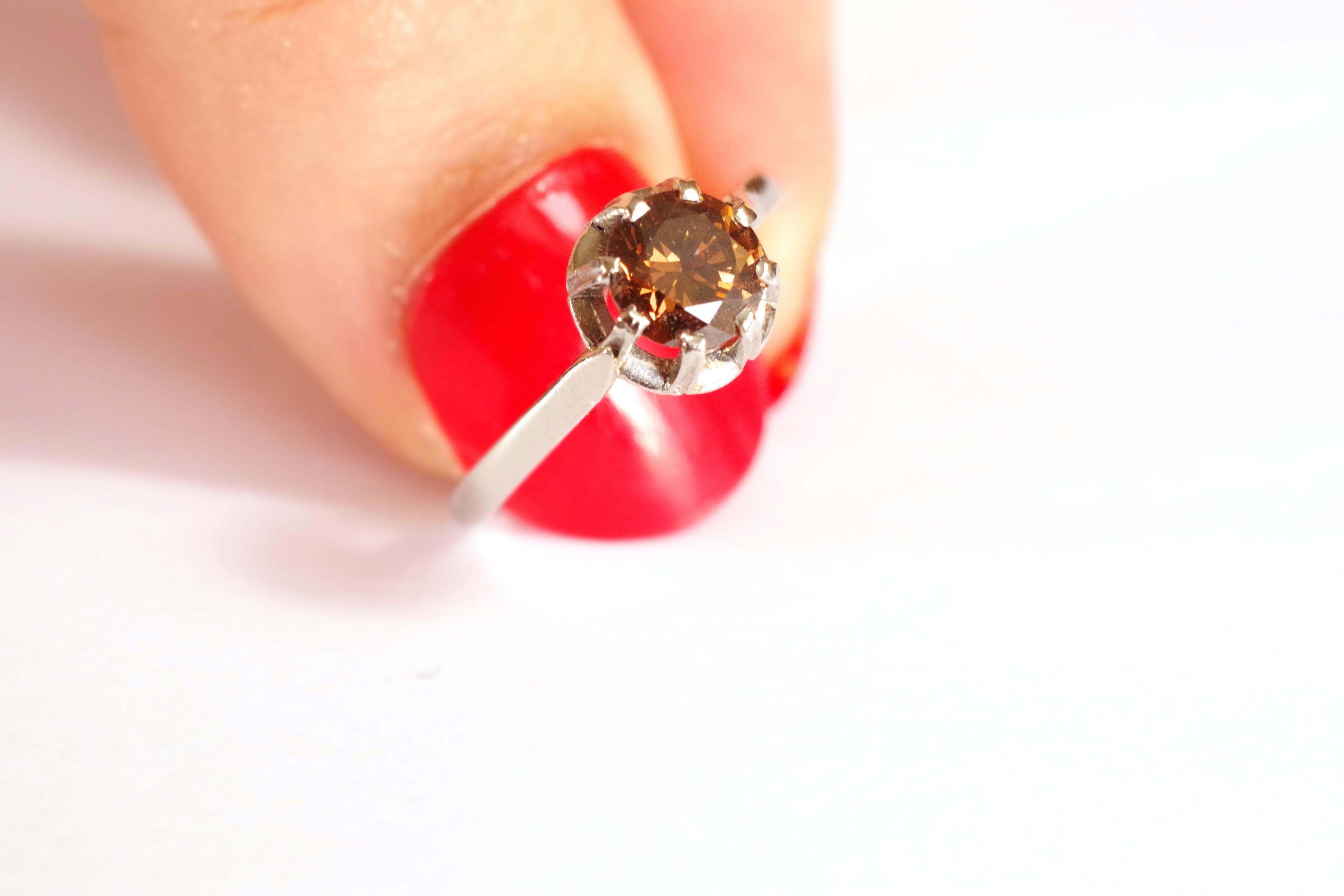 Certified 0.79 ct fancy deep brown slightly orange diamond, platinum ring For Sale 2