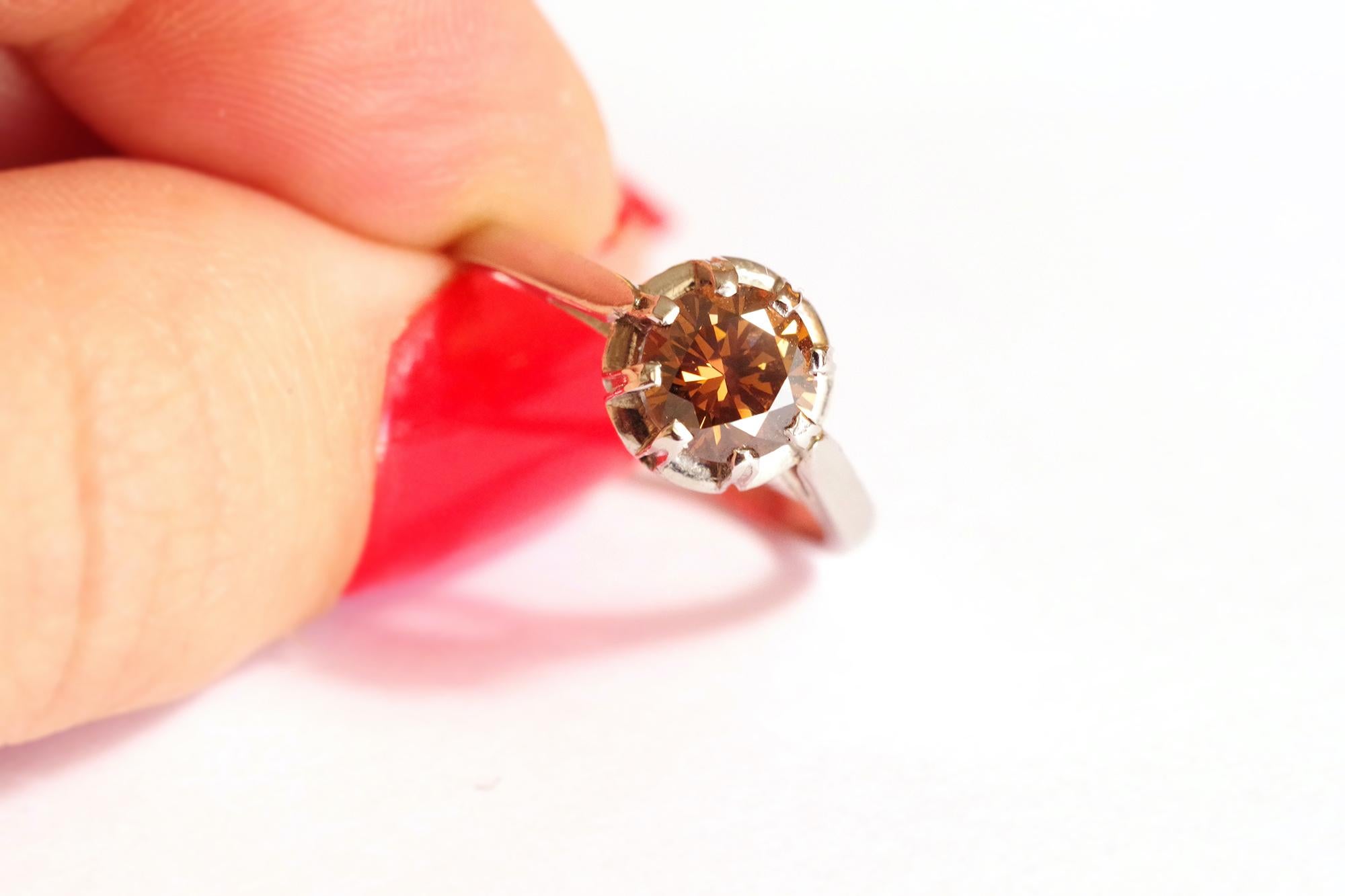 Certified 0.79 ct fancy deep brown slightly orange diamond, platinum ring For Sale 3