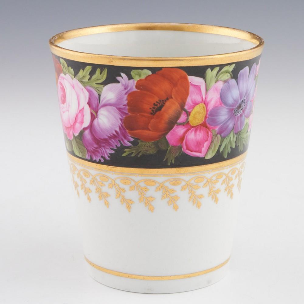 Heading :  Flight and Barr beaker
Date : c1800
Period : George III
Marks : Flight & Barr Worcester Manufacturers to their Majisties and an impressed B.
Origin : Worcester, England
Colour :Polychrome
Pattern : An floral band between a gilt rim and a