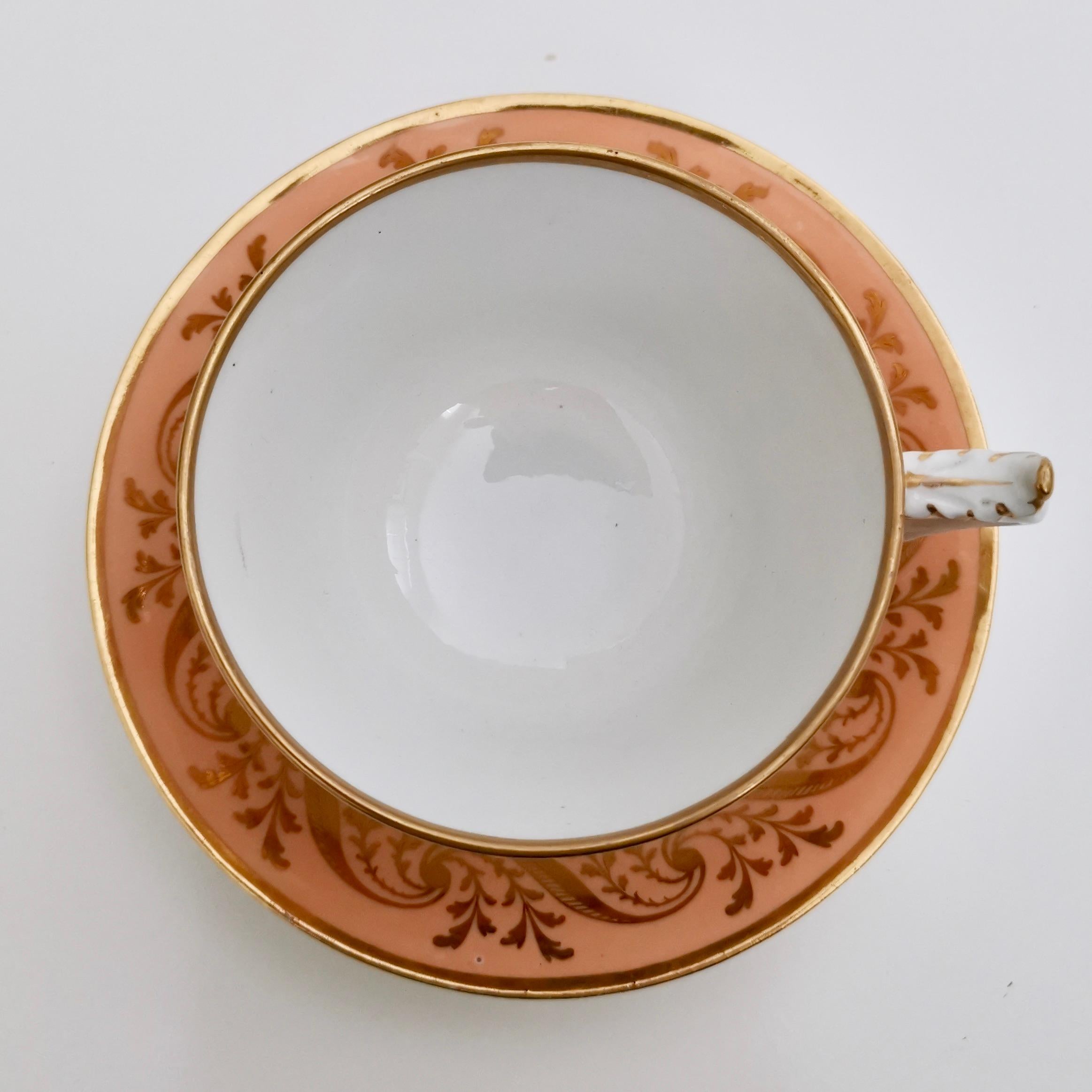 Hand-Painted Flight Barr and Barr Teacup, Peach Orange with Gilt Pattern, Regency, circa 1815