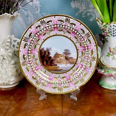 Flight Barr & Barr Pink and Gilt Plate with River Landscape, Regency 1813-1825