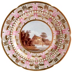 Flight Barr & Barr Pink and Gilt Plate with River Landscape, Regency 1813-1825
