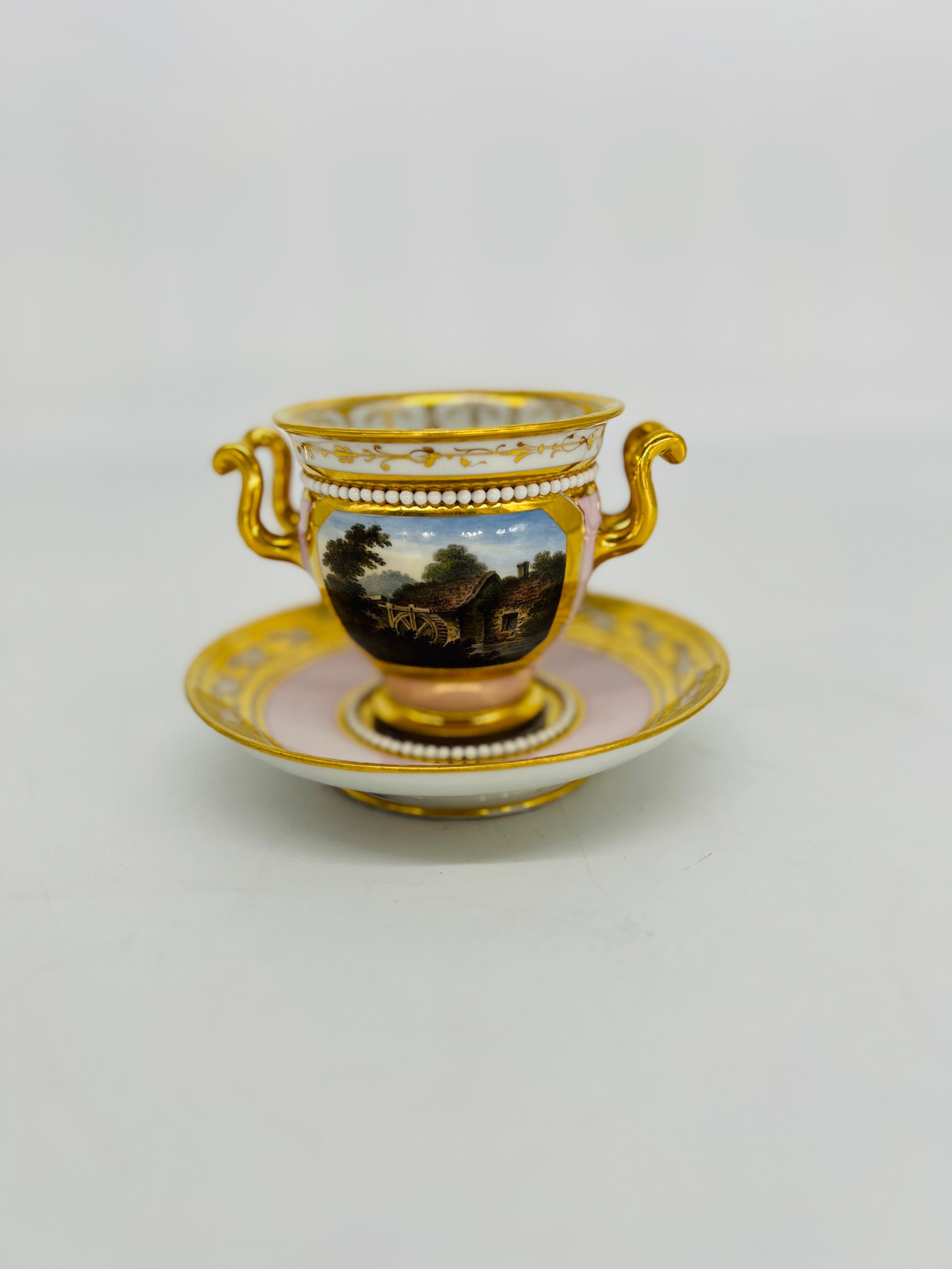 Flight Barr & Barr Porcelain Cabinet Cup & Saucer Attr: Thomas Baxter, circa 1815
One side decorated with a scene of Mettingham Castle - The home of the late Sir John de Norwich in 1342.
Verso features The Mill Near Llangollen which likely refers