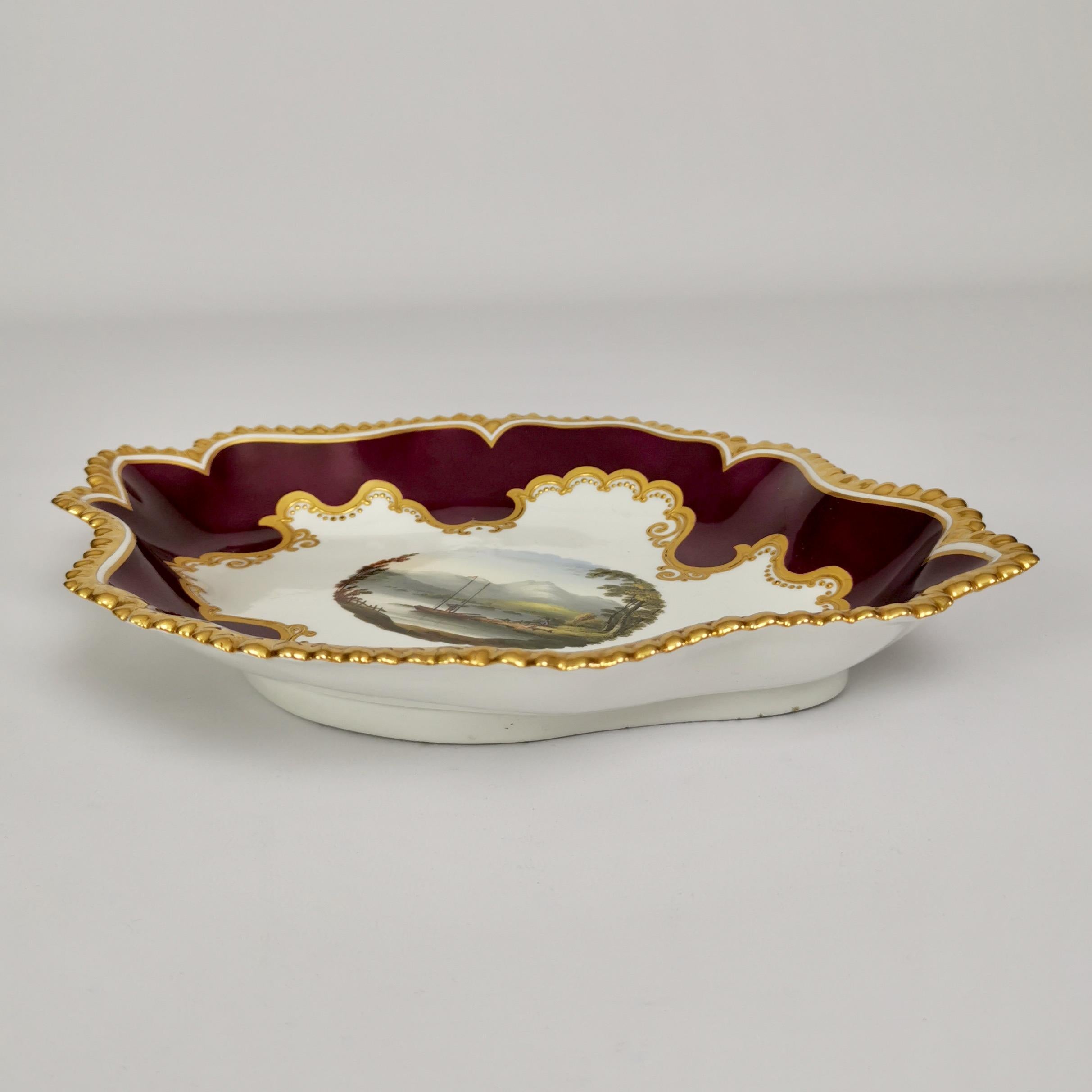 Porcelain Flight Barr & Barr Set of Dessert Dishes, Maroon with Landscapes, 1813-1840