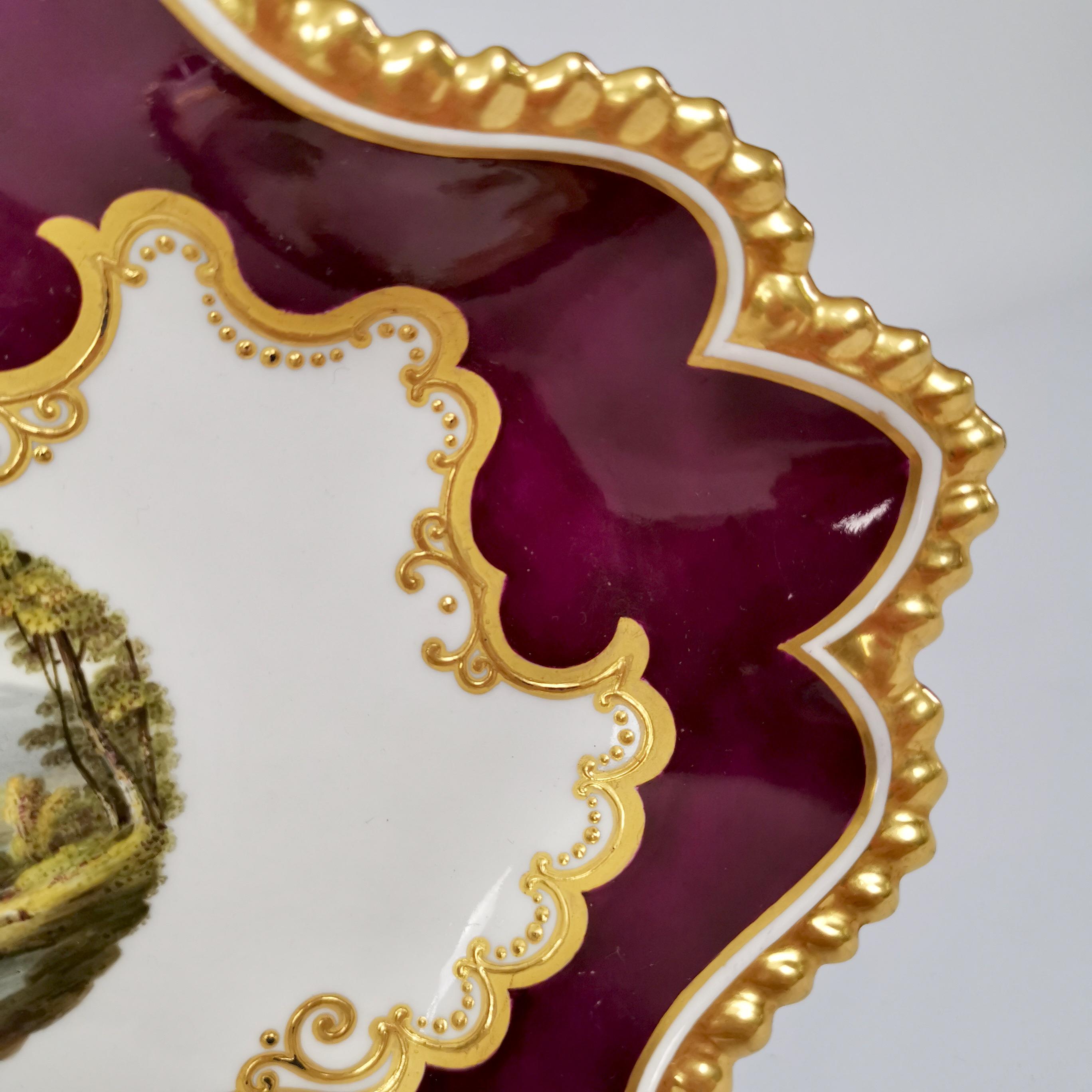 Hand-Painted Flight Barr & Barr Set of Dessert Dishes, Maroon with Landscapes, 1813-1840