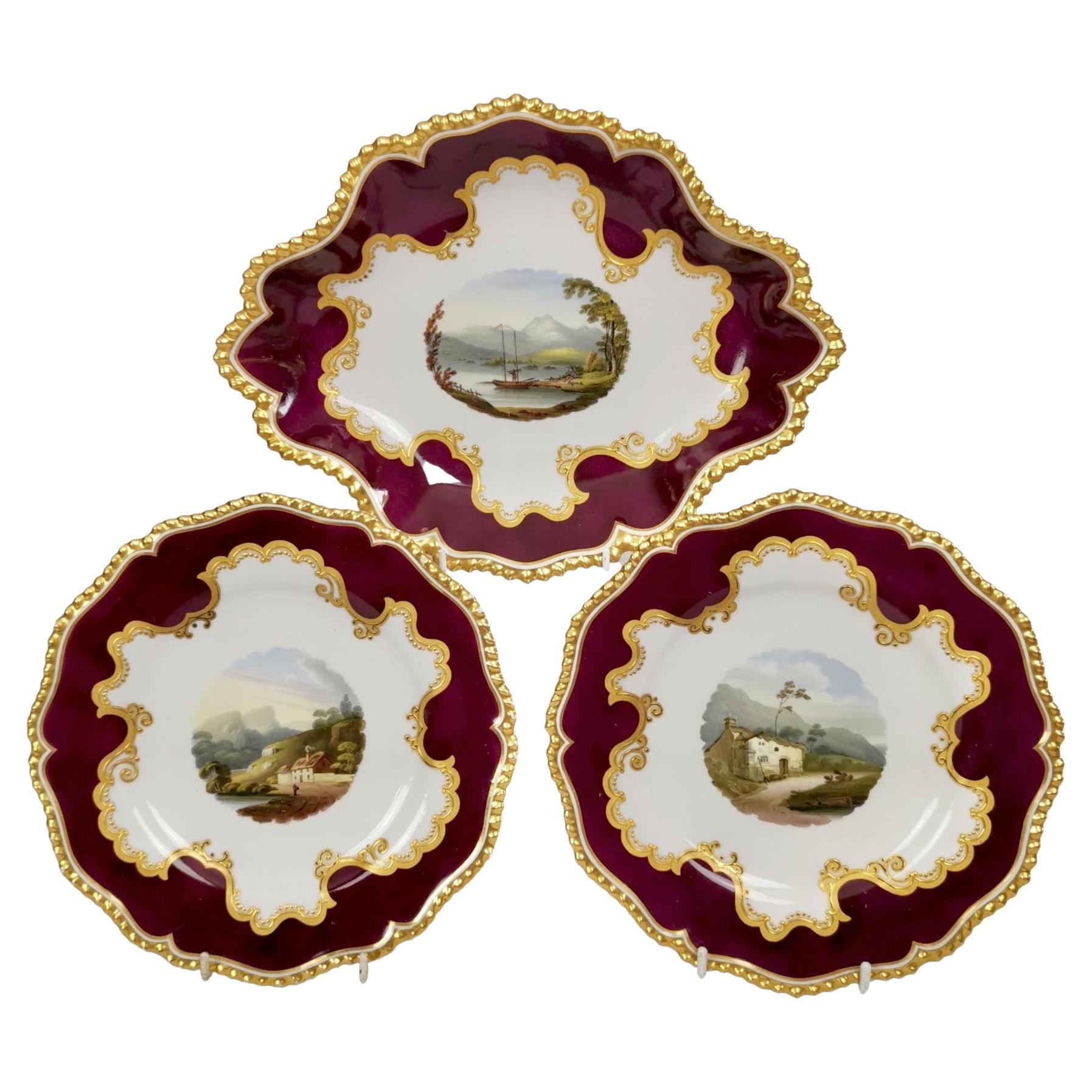 Flight Barr & Barr Set of Dessert Dishes, Maroon with Landscapes, 1813-1840