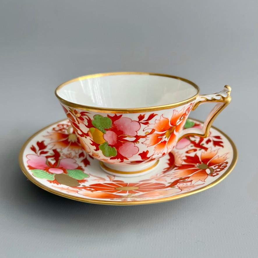 This is a colourful teacup and saucer made by Flight Barr & Barr around the year 1815. The set is decorated with a bright Imari design in the Regency taste.

This teacup would have formed part of a large tea service. I have several items in this