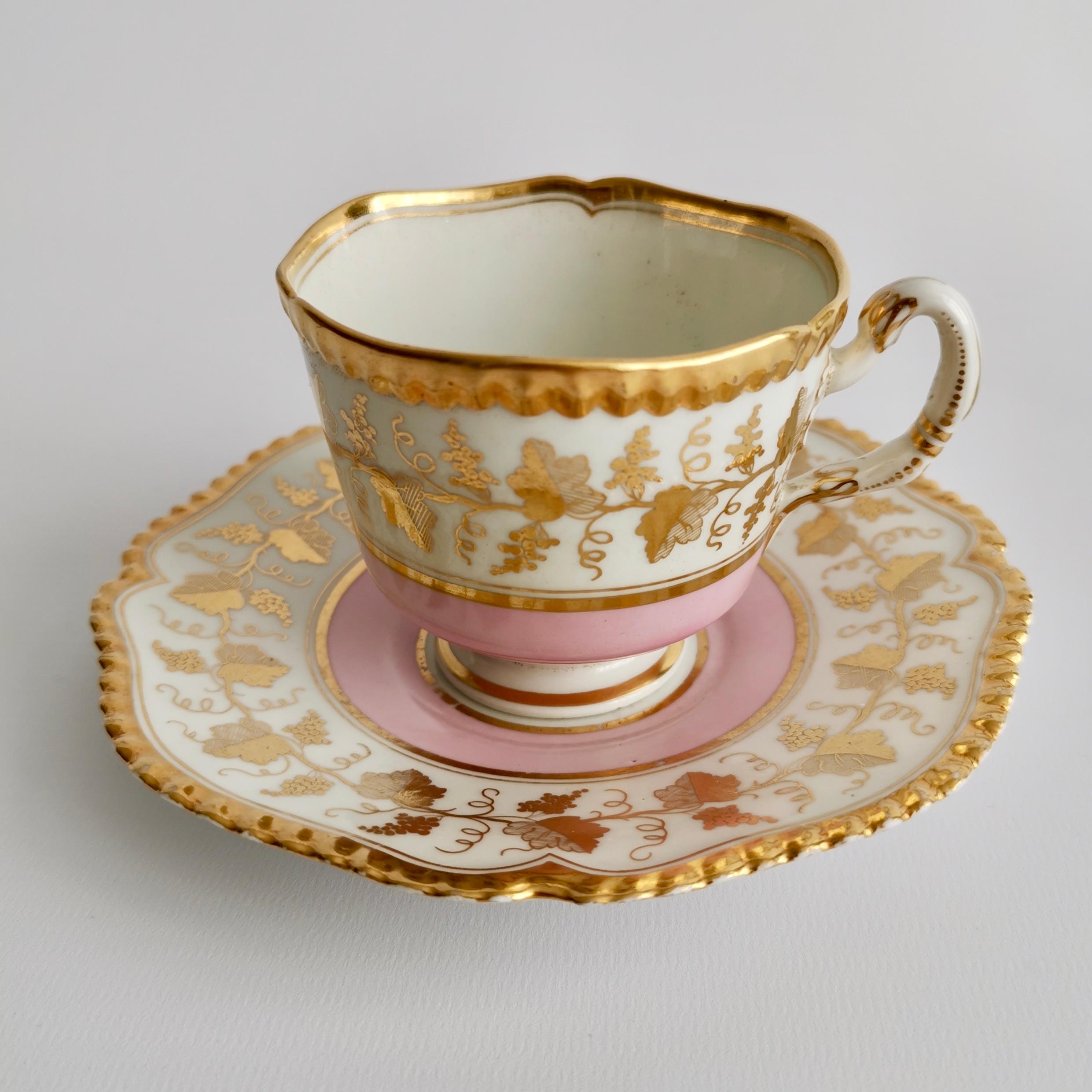 English Flight Barr & Barr Teacup Trio, Pink with Gilt Vines, 1815-1820