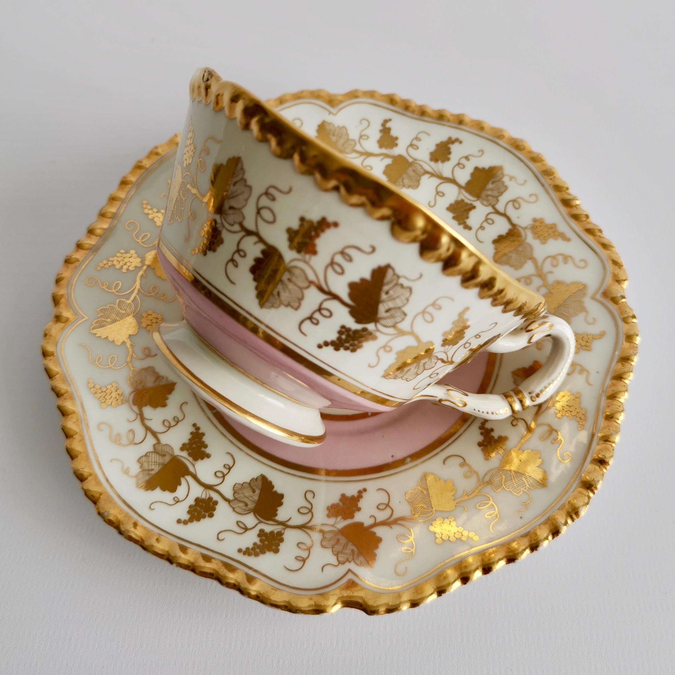 Hand-Painted Flight Barr & Barr Teacup Trio, Pink with Gilt Vines, 1815-1820