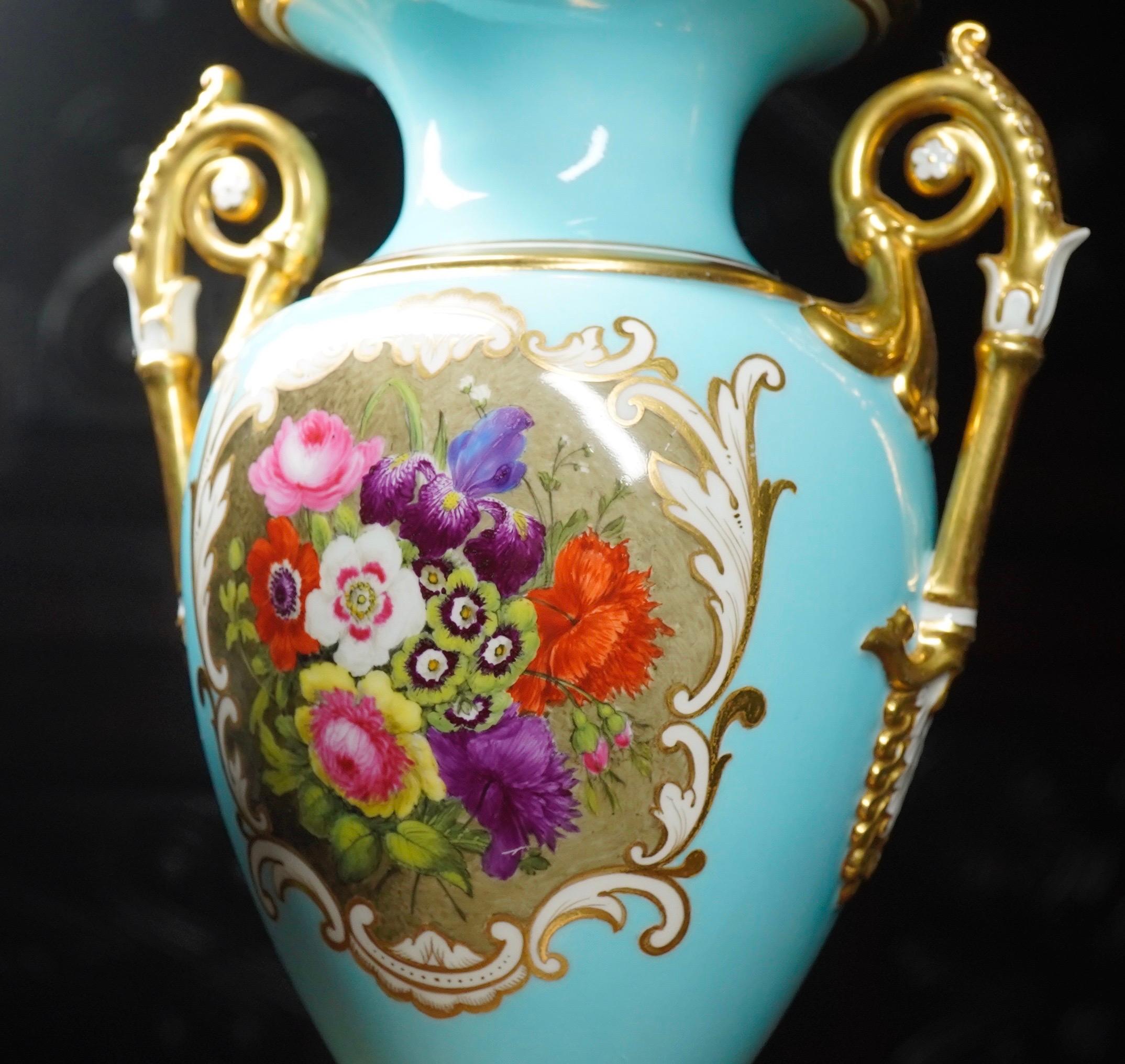Georgian Flight Barr & Barr Vase with Flower Panel, Gilding, Duck-Egg Blue Ground For Sale
