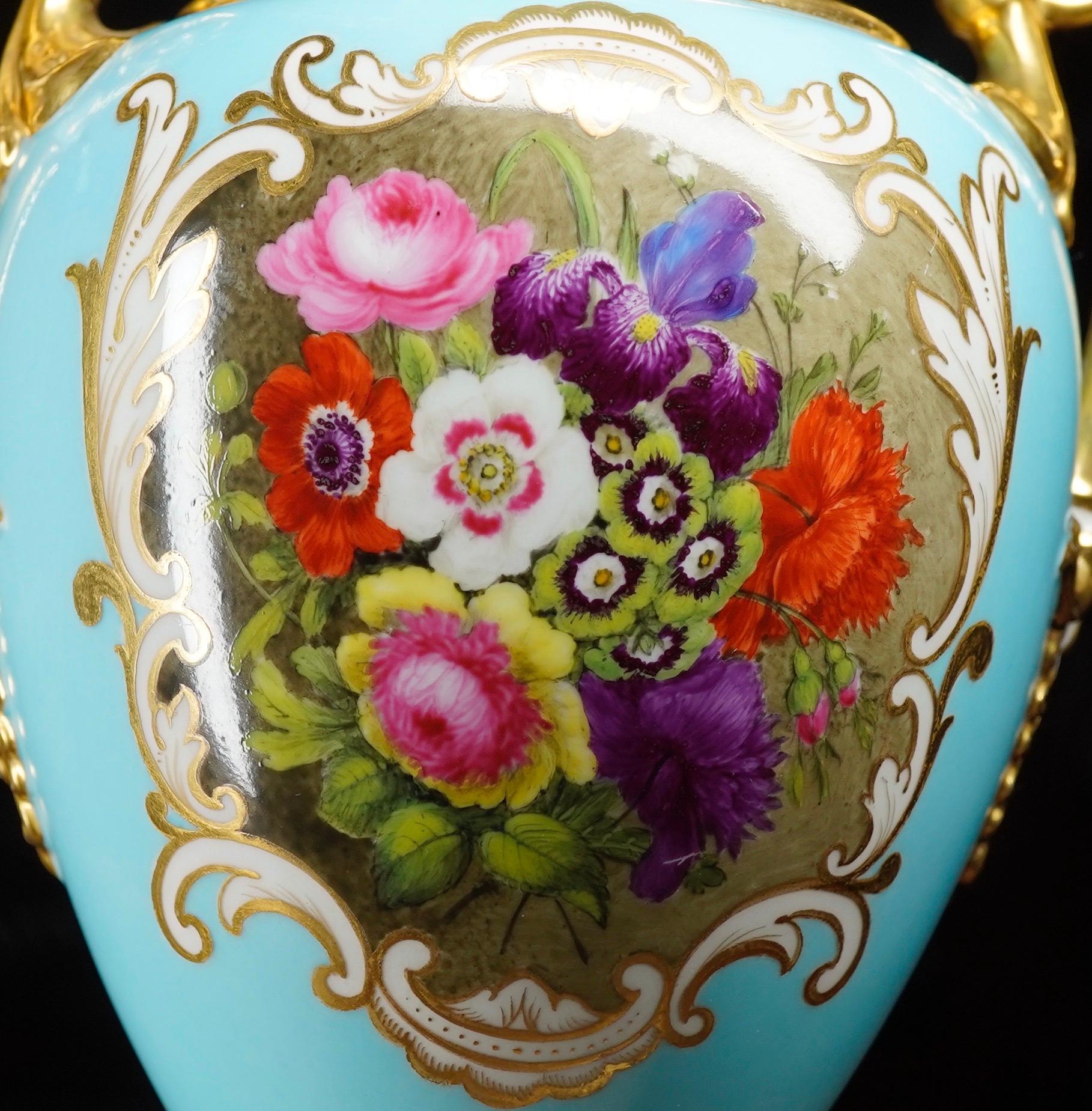 English Flight Barr & Barr Vase with Flower Panel, Gilding, Duck-Egg Blue Ground For Sale