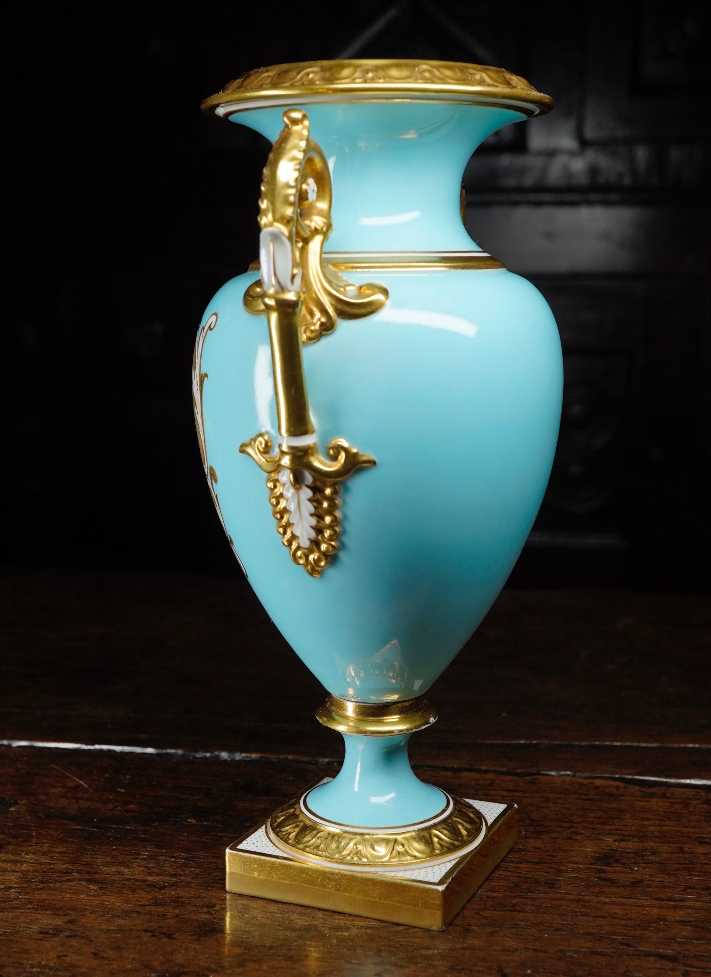 Early 19th Century Flight Barr & Barr Vase with Flower Panel, Gilding, Duck-Egg Blue Ground For Sale