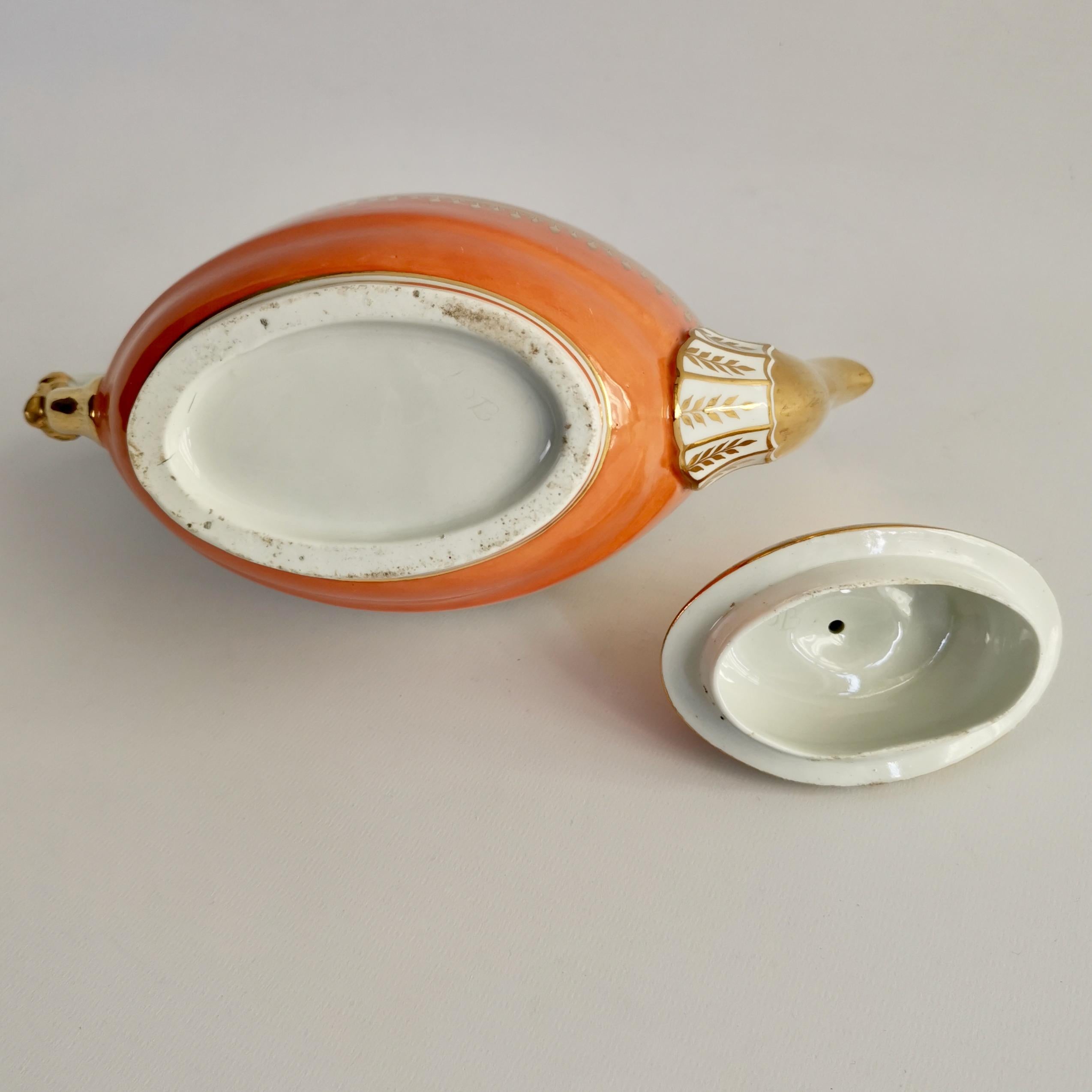 Flight & Barr Porcelain Oval Barrel Teapot, Orange with Gilt, Georgian 1792-1804 6