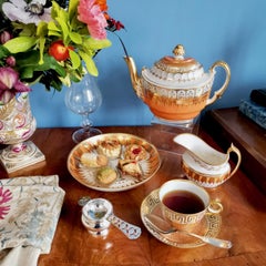 Flight & Barr Porcelain Oval Barrel Teapot, Orange with Gilt, Georgian 1792-1804