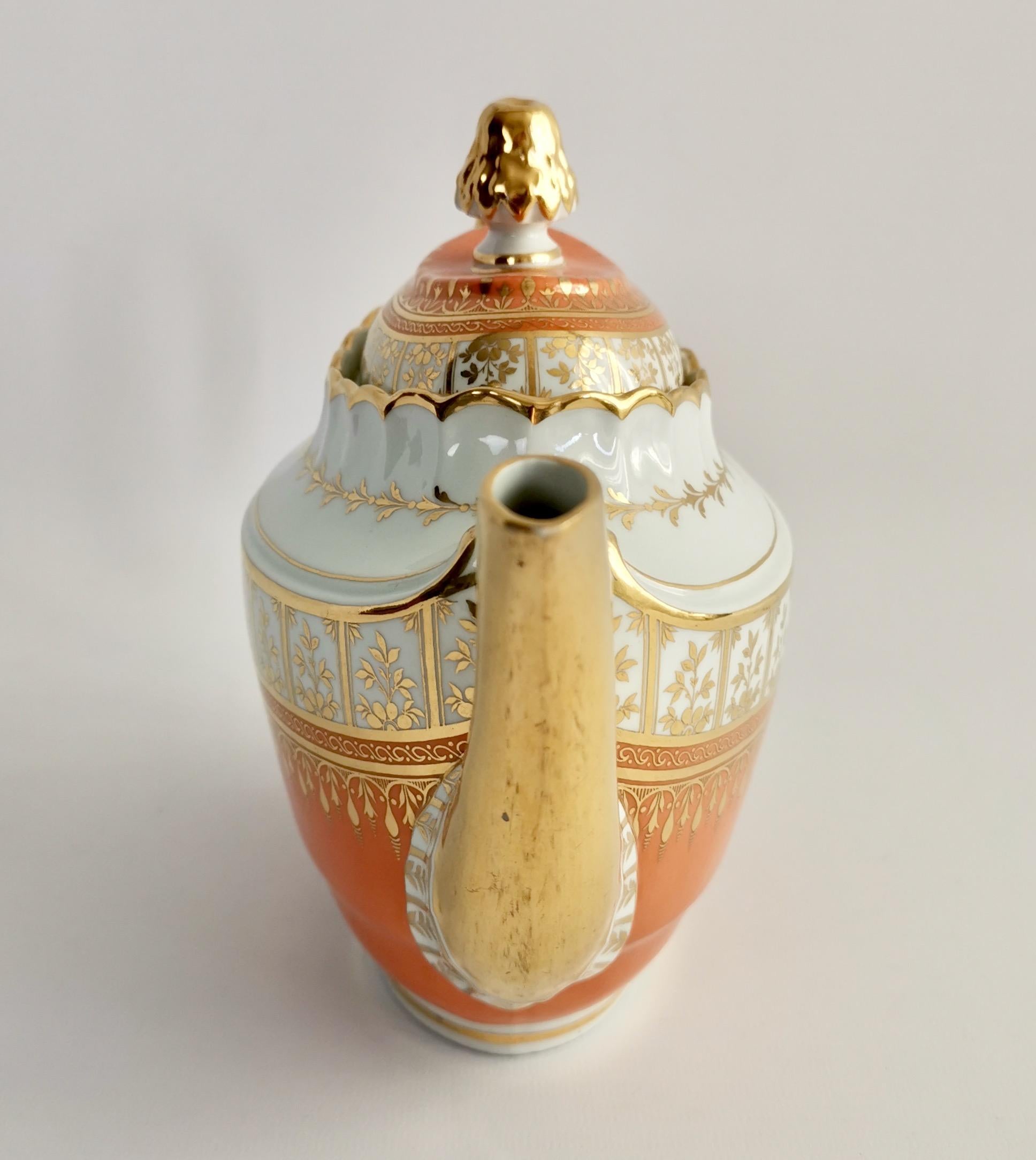 George III Flight & Barr Porcelain Oval Barrel Teapot, Orange with Gilt, Georgian 1792-1804