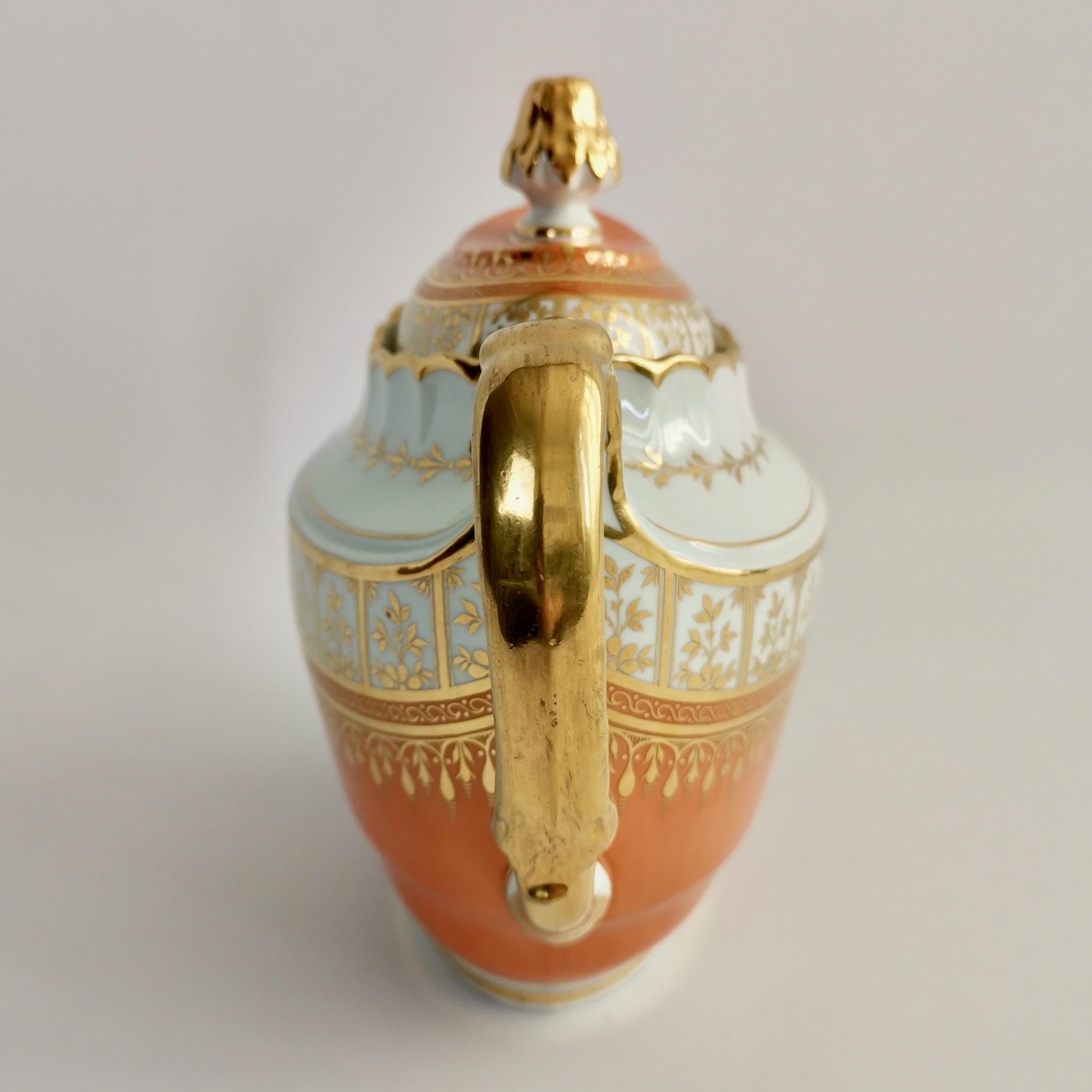 English Flight & Barr Porcelain Oval Barrel Teapot, Orange with Gilt, Georgian 1792-1804