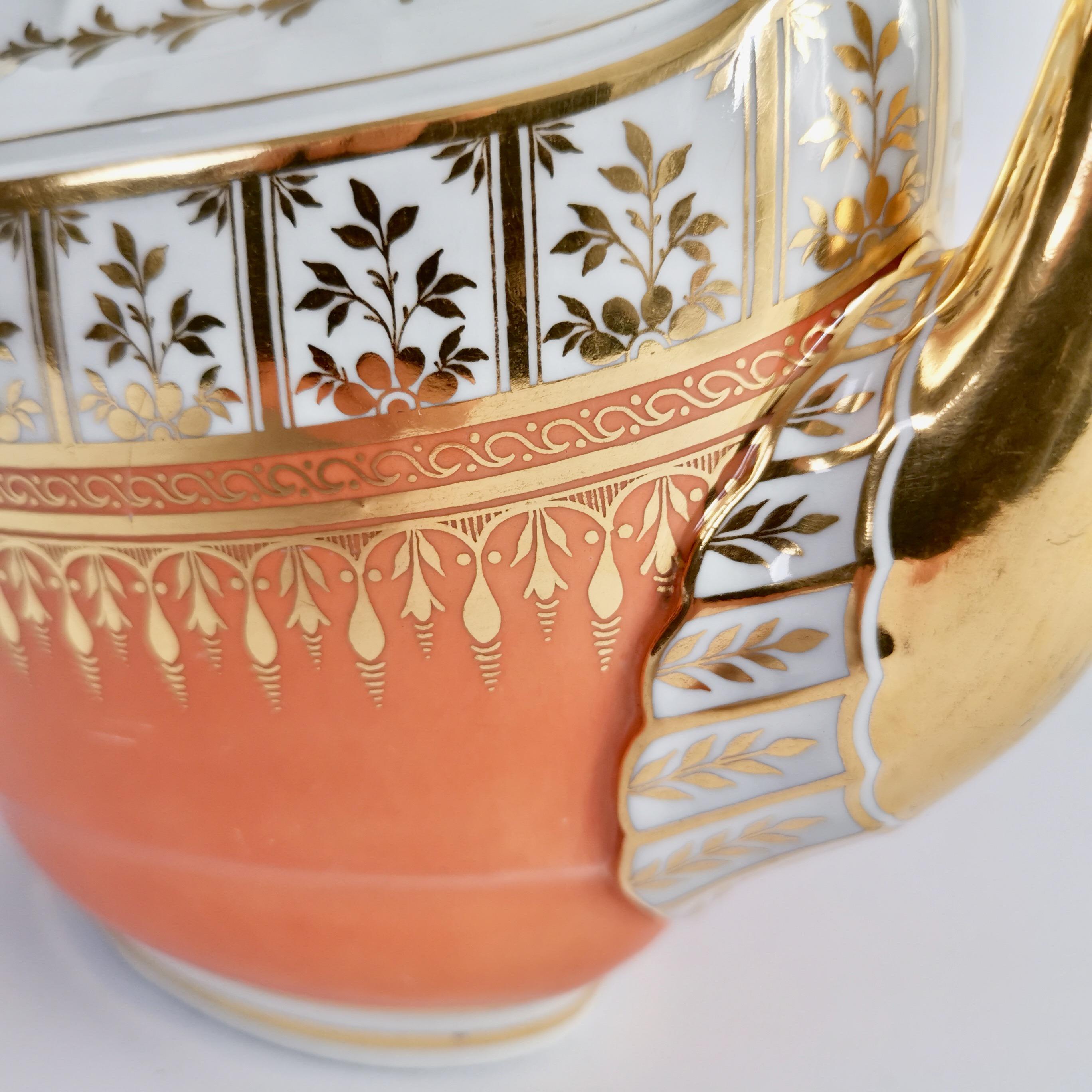 Flight & Barr Porcelain Oval Barrel Teapot, Orange with Gilt, Georgian 1792-1804 1