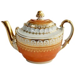 Flight & Barr Porcelain Oval Barrel Teapot, Orange with Gilt, Georgian 1792-1804