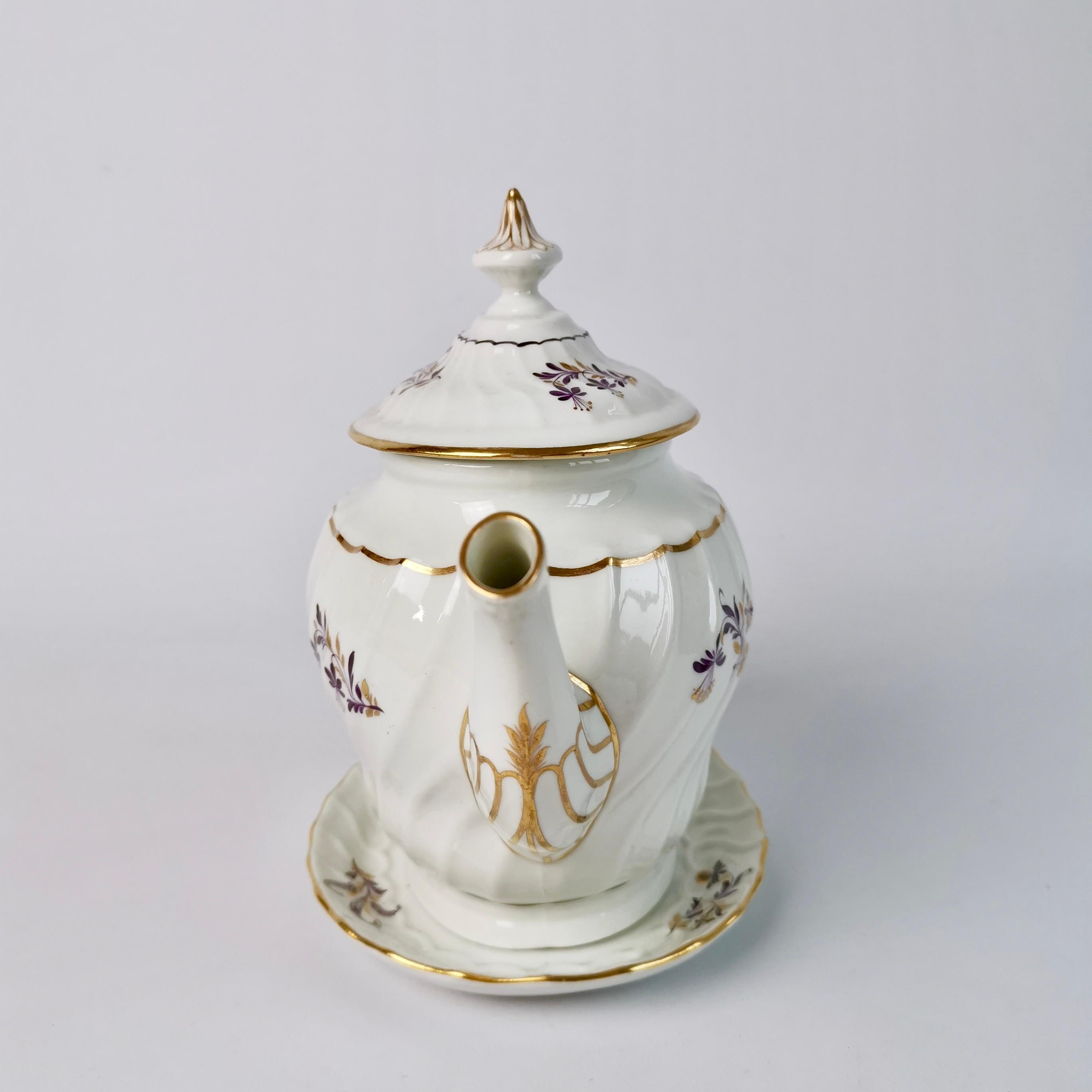 English Flight & Barr Teapot on Stand, White with Purple Flower Sprays, Georgian ca 1792